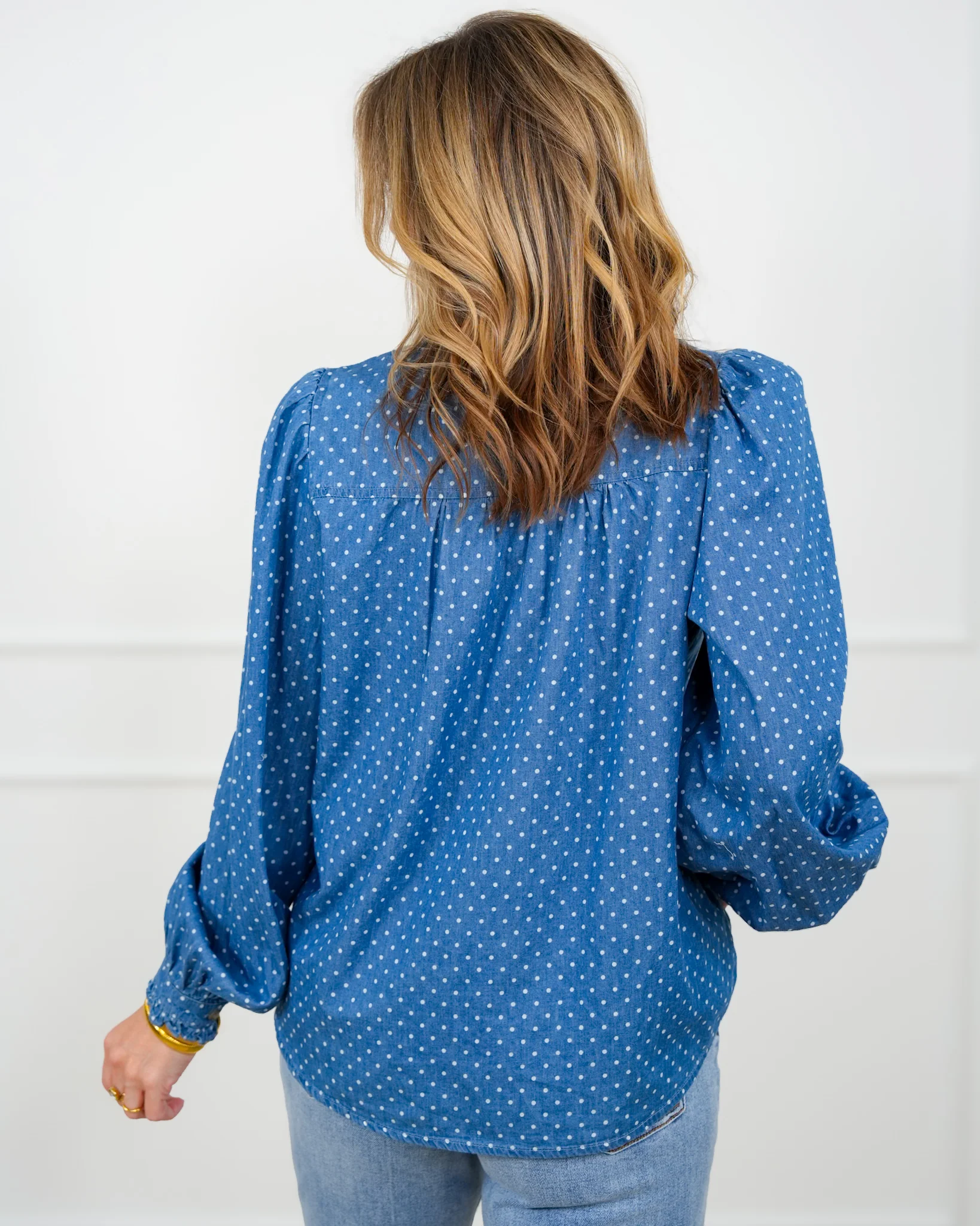 Polka Dot Dark Wash Long Sleeve Top - Image 3