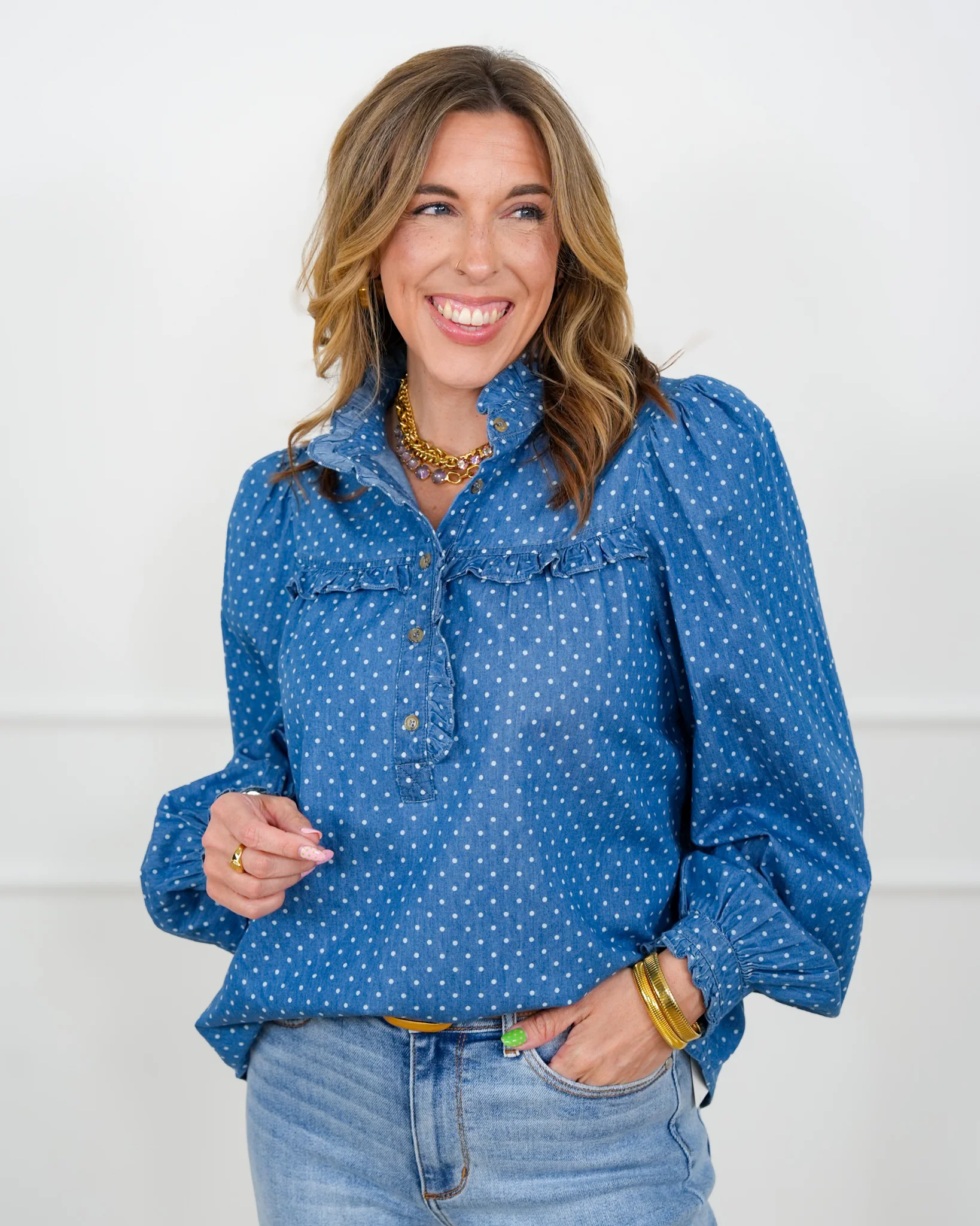 Polka Dot Dark Wash Long Sleeve Top - Image 4