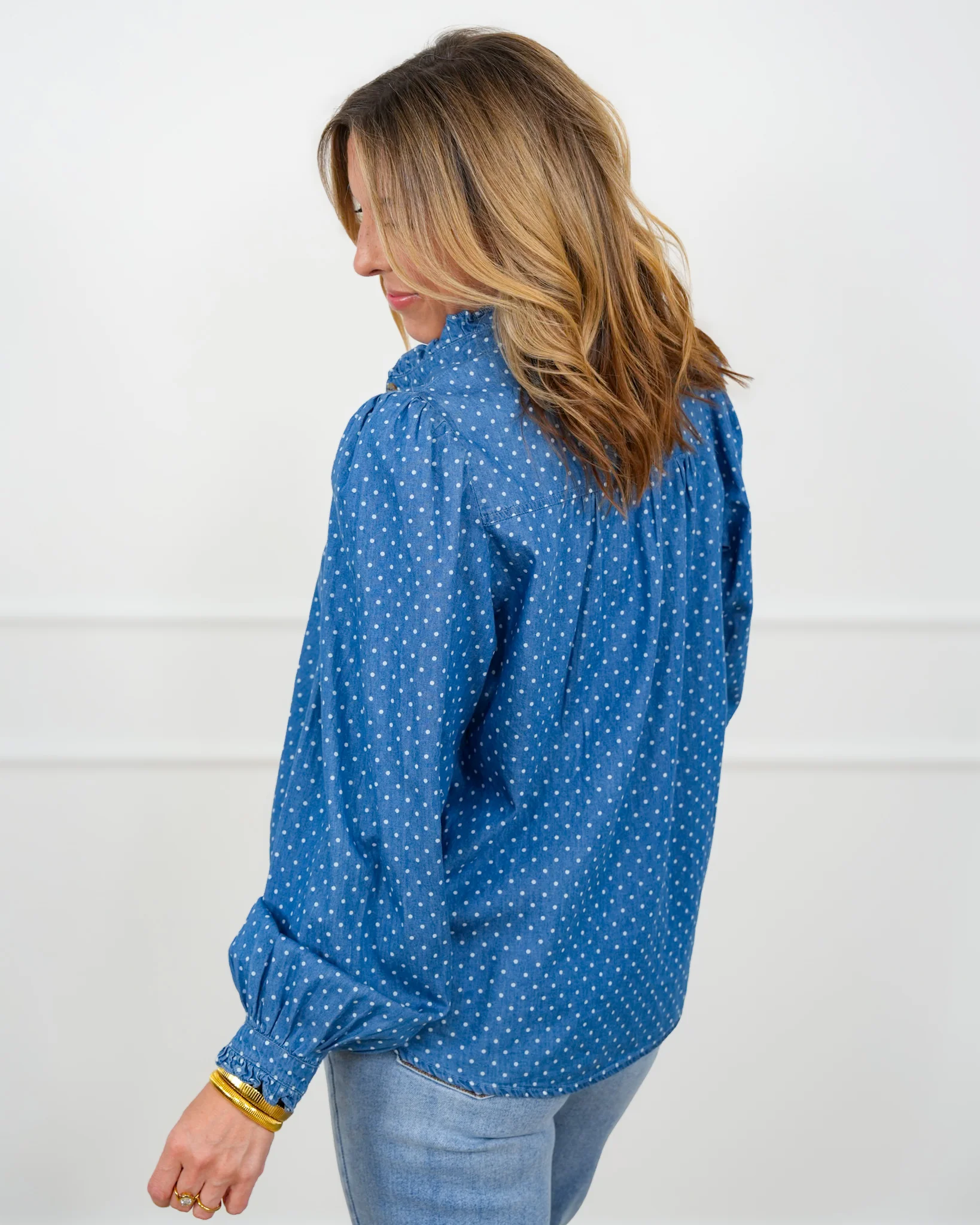 Polka Dot Dark Wash Long Sleeve Top - Image 5