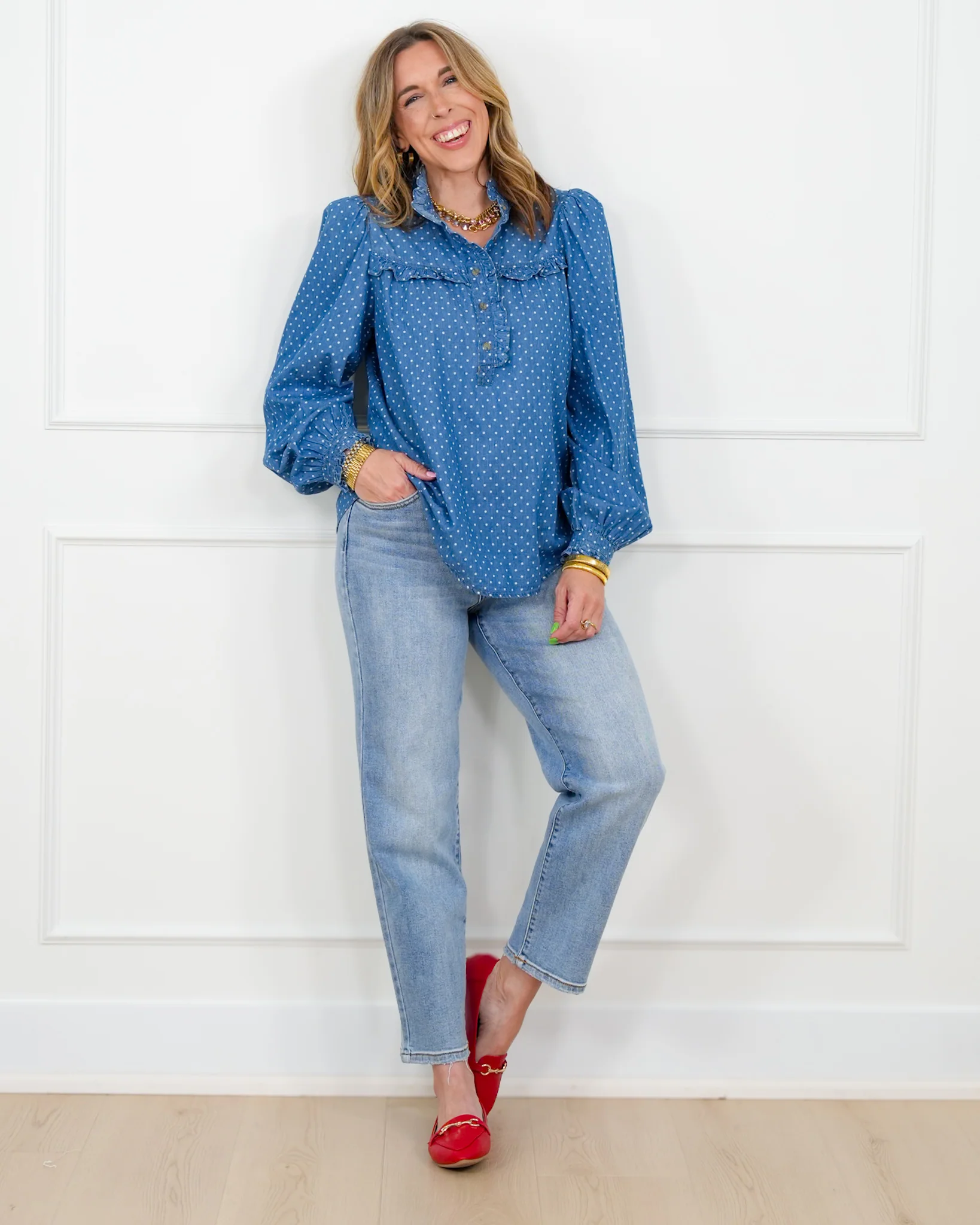 Polka Dot Dark Wash Long Sleeve Top - Image 6