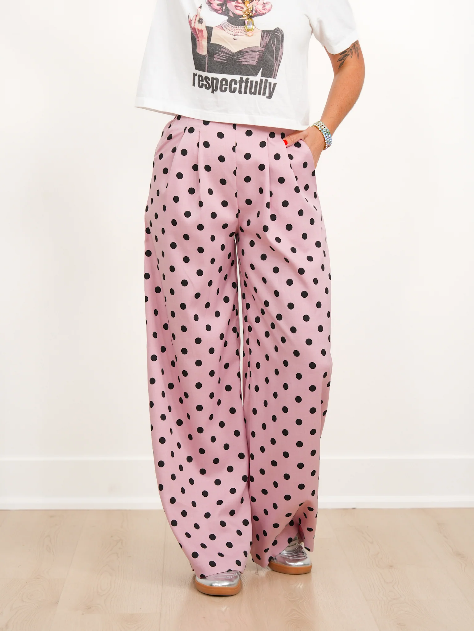 Polka Dot Pleated Elastic Waist Wide Leg Pants with Side Zipper - Image 3