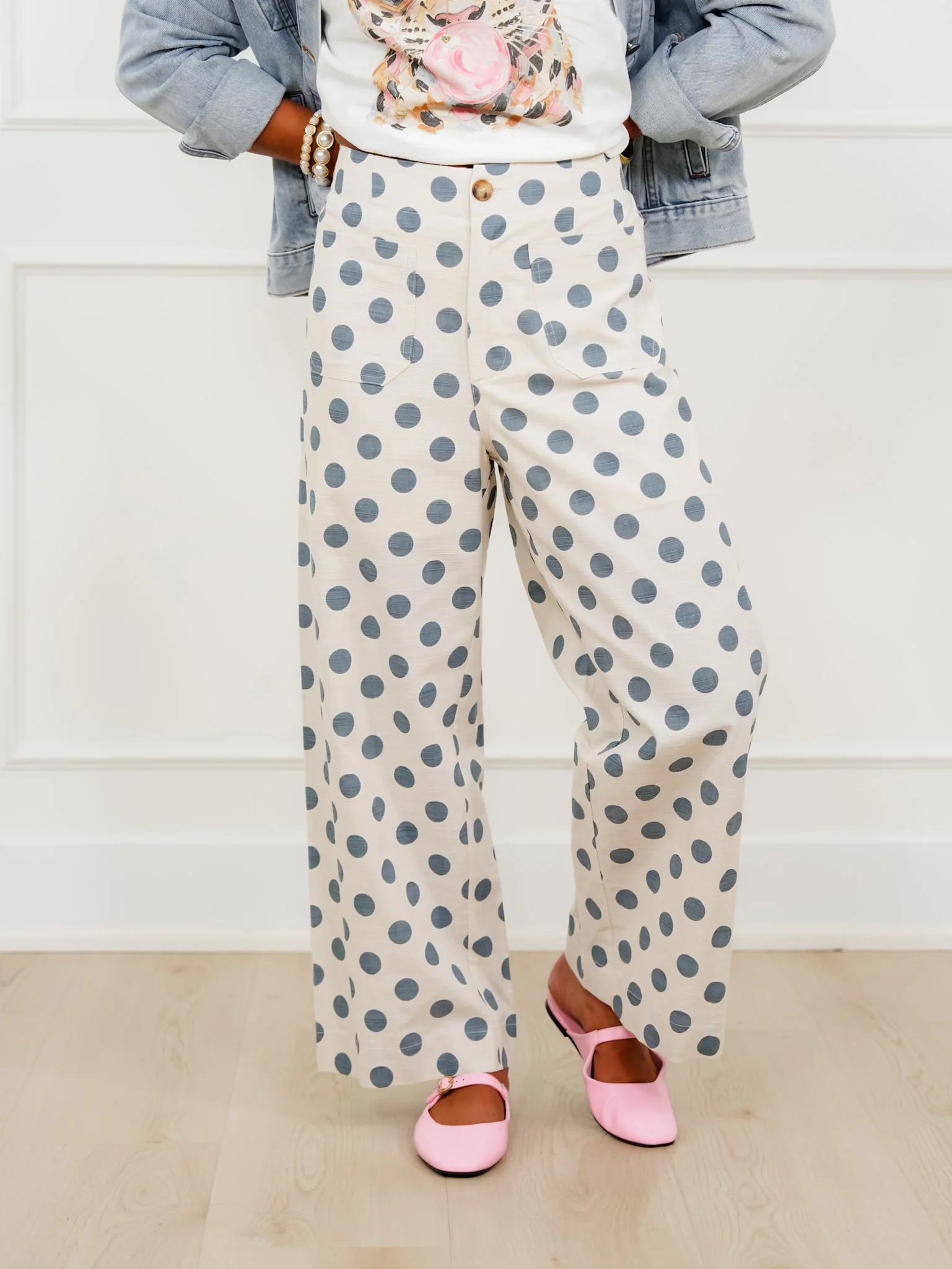 Polka Dot Print Elastic Back Wide Leg Pants
