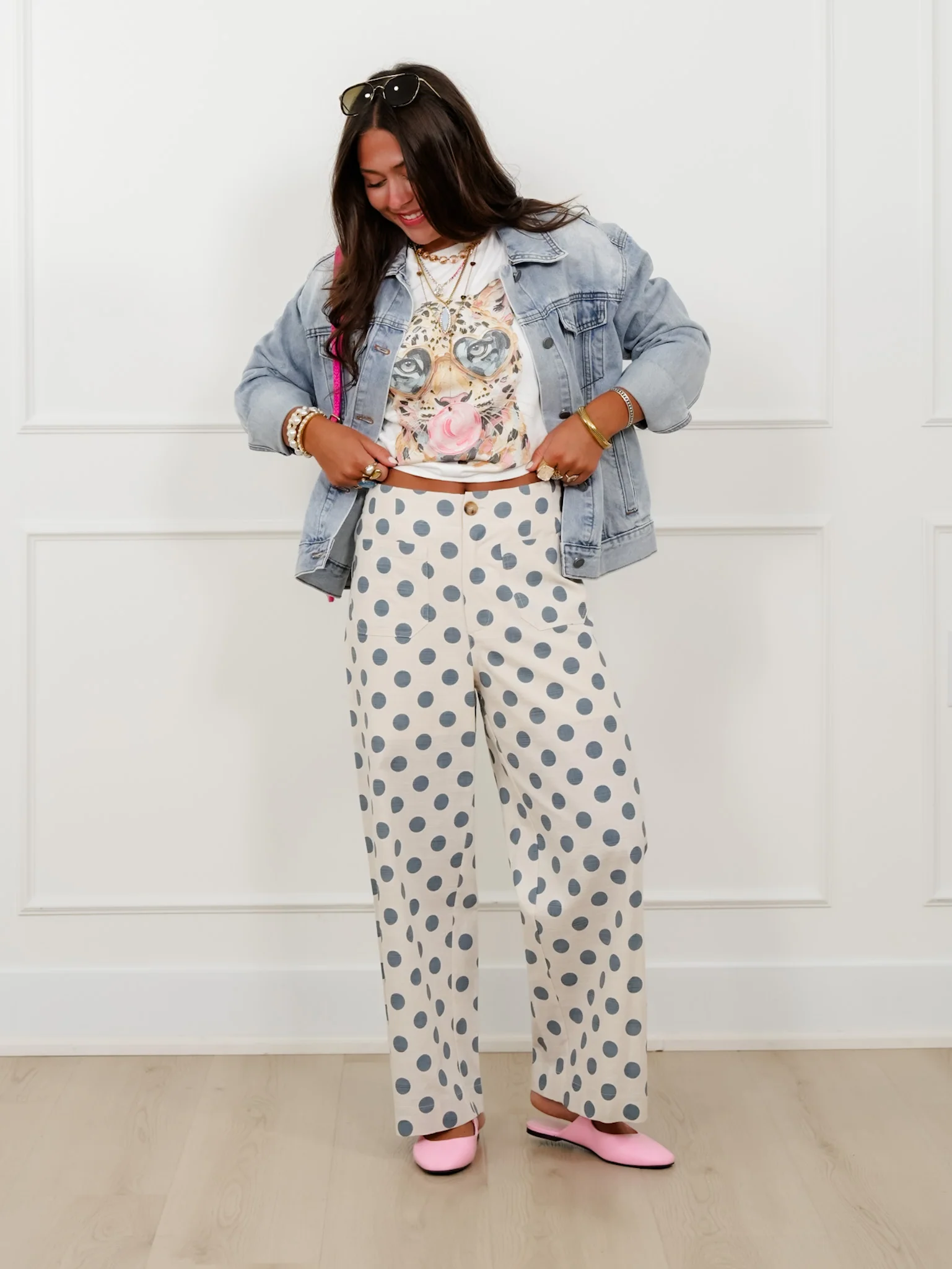 Polka Dot Print Elastic Back Wide Leg Pants - Image 7