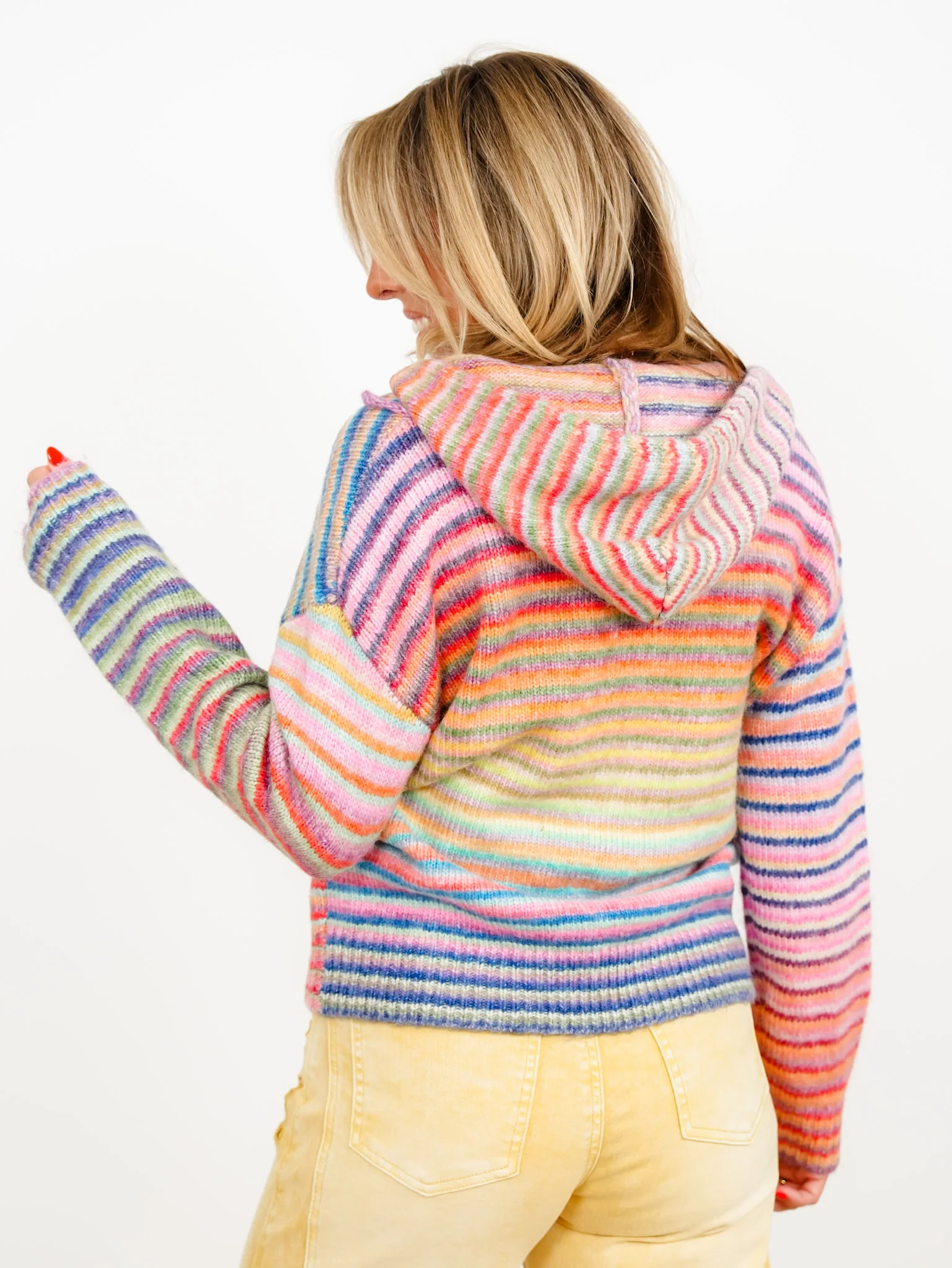 Rainbow Striped Long Sleeve Zip-Up Hooded Sweater - Image 4