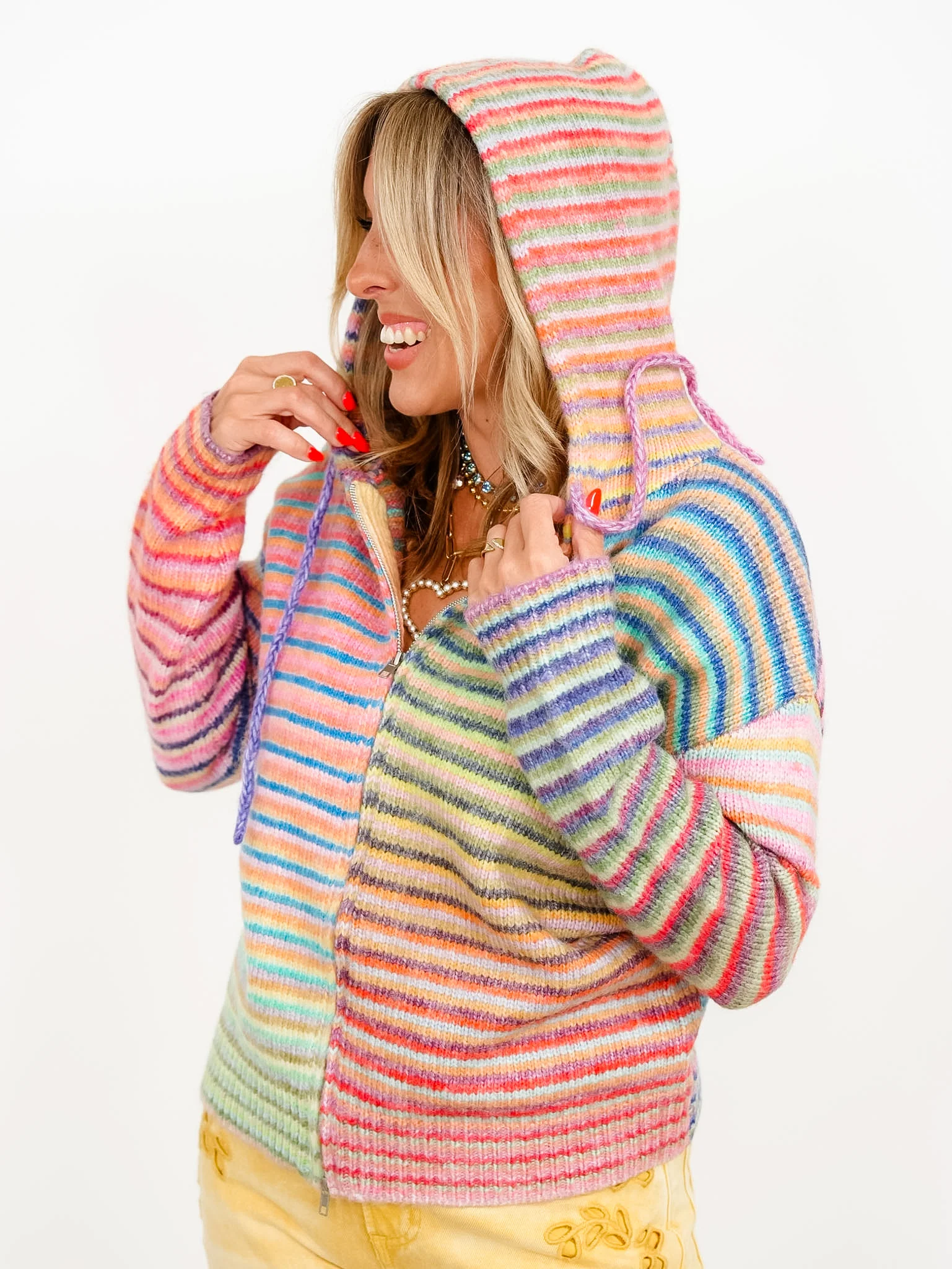 Rainbow Striped Long Sleeve Zip-Up Hooded Sweater - Image 5
