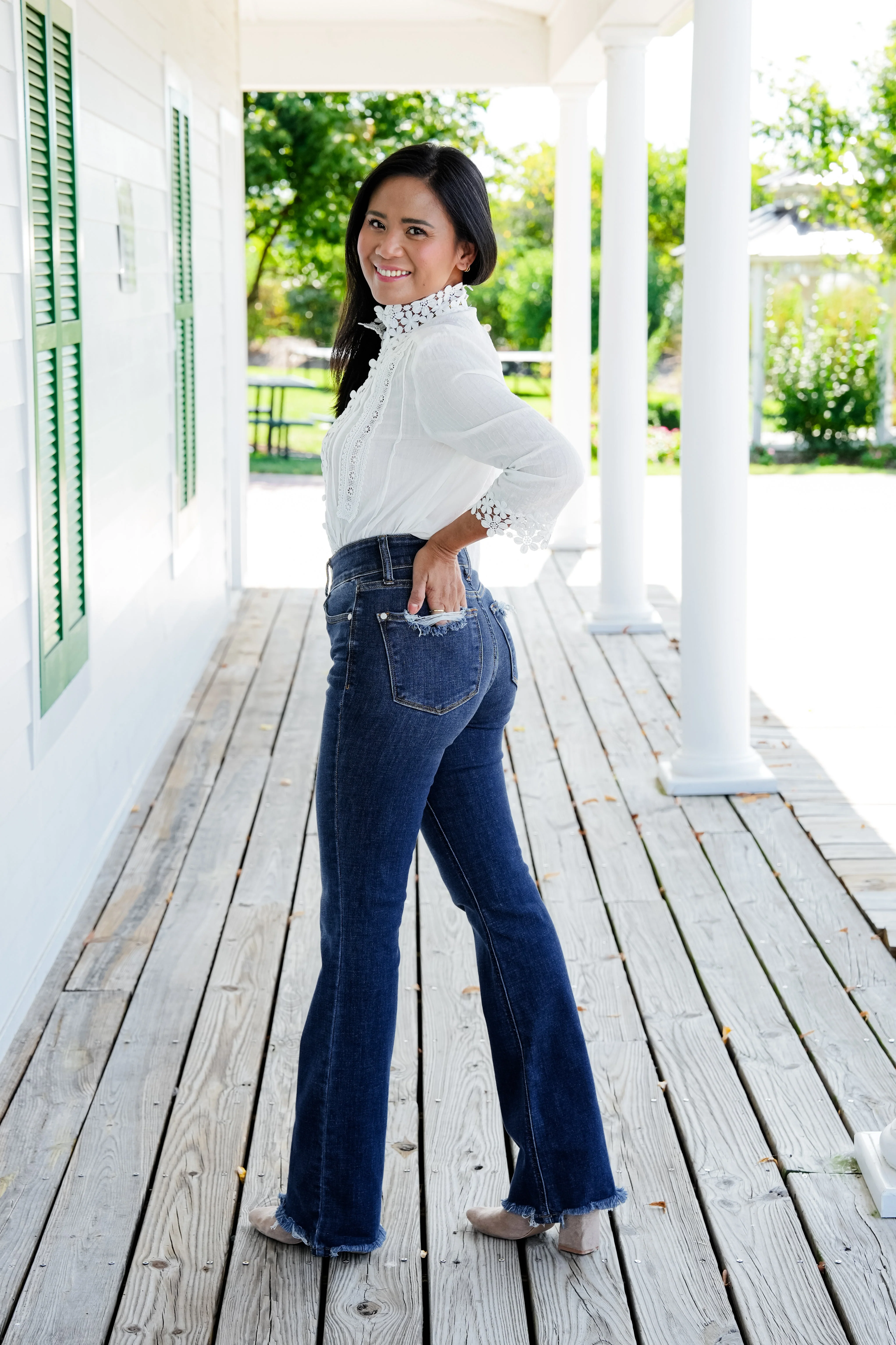 Restock! Judy Blue Feeling Fine Dark Wash High Rise Non Distressed Vintage Frayed Hem Bootcut Jeans - Image 11