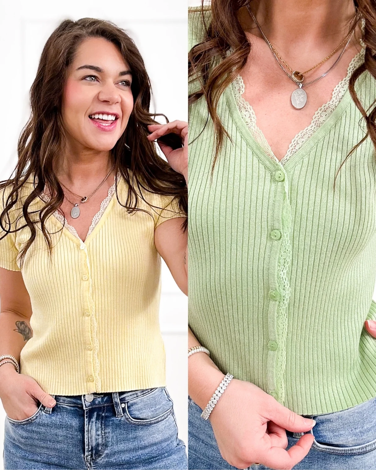 Ribbed Short Sleeve Button Down Top with Lace Trim