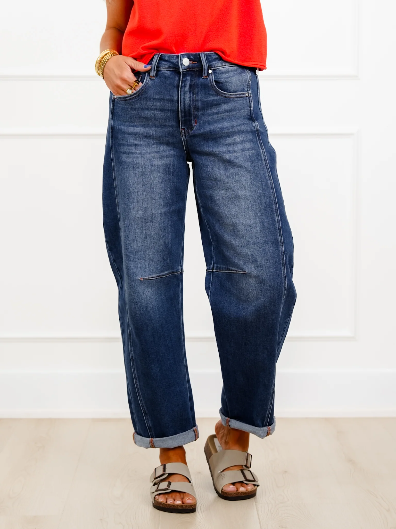 Restock! Risen High Rise Dark Wash Boyfriend Cuffed Barrel Jeans