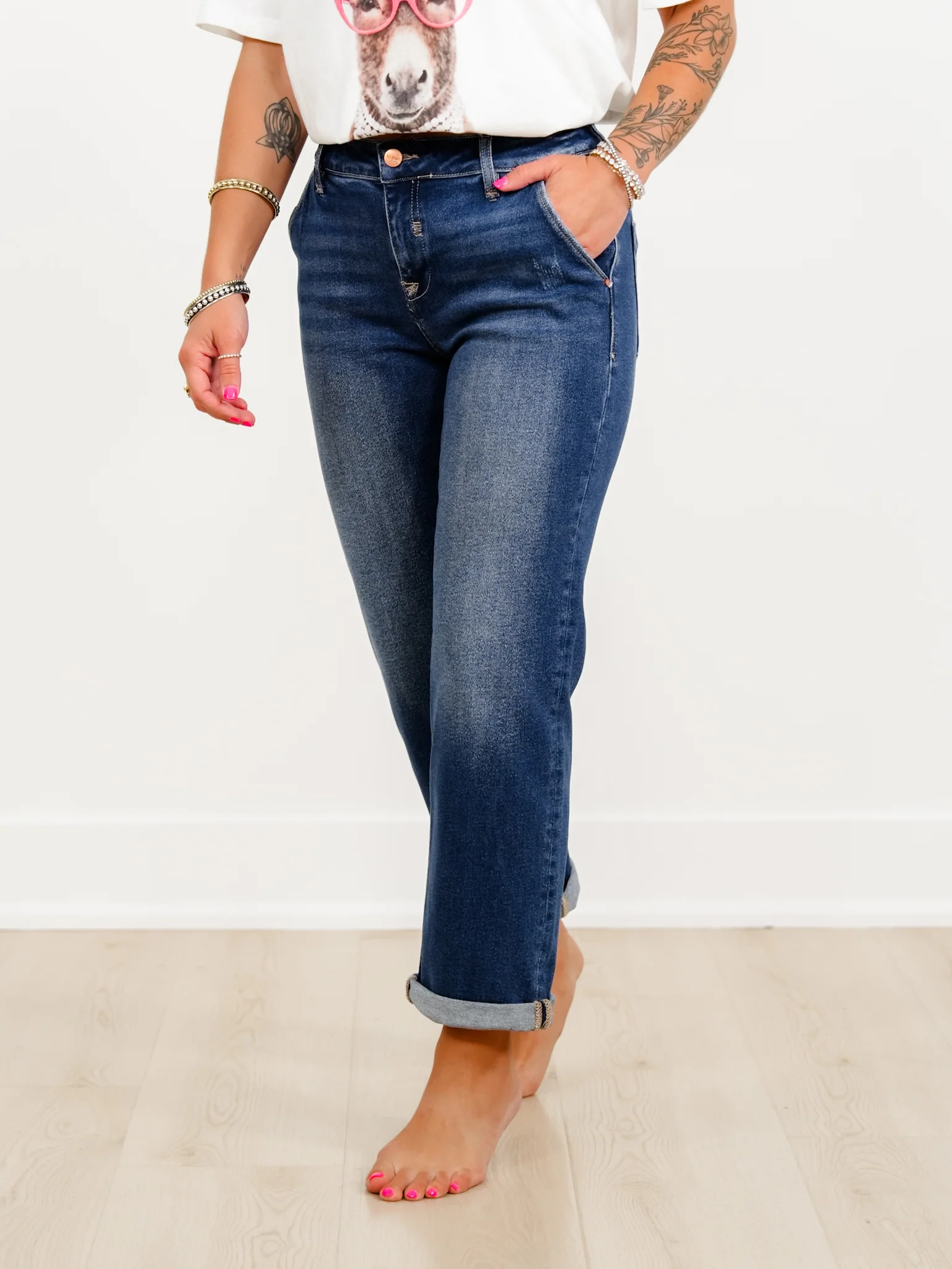 Risen Mid Rise Dark Wash Slouchy Cuffed Boyfriend Jeans - Image 3