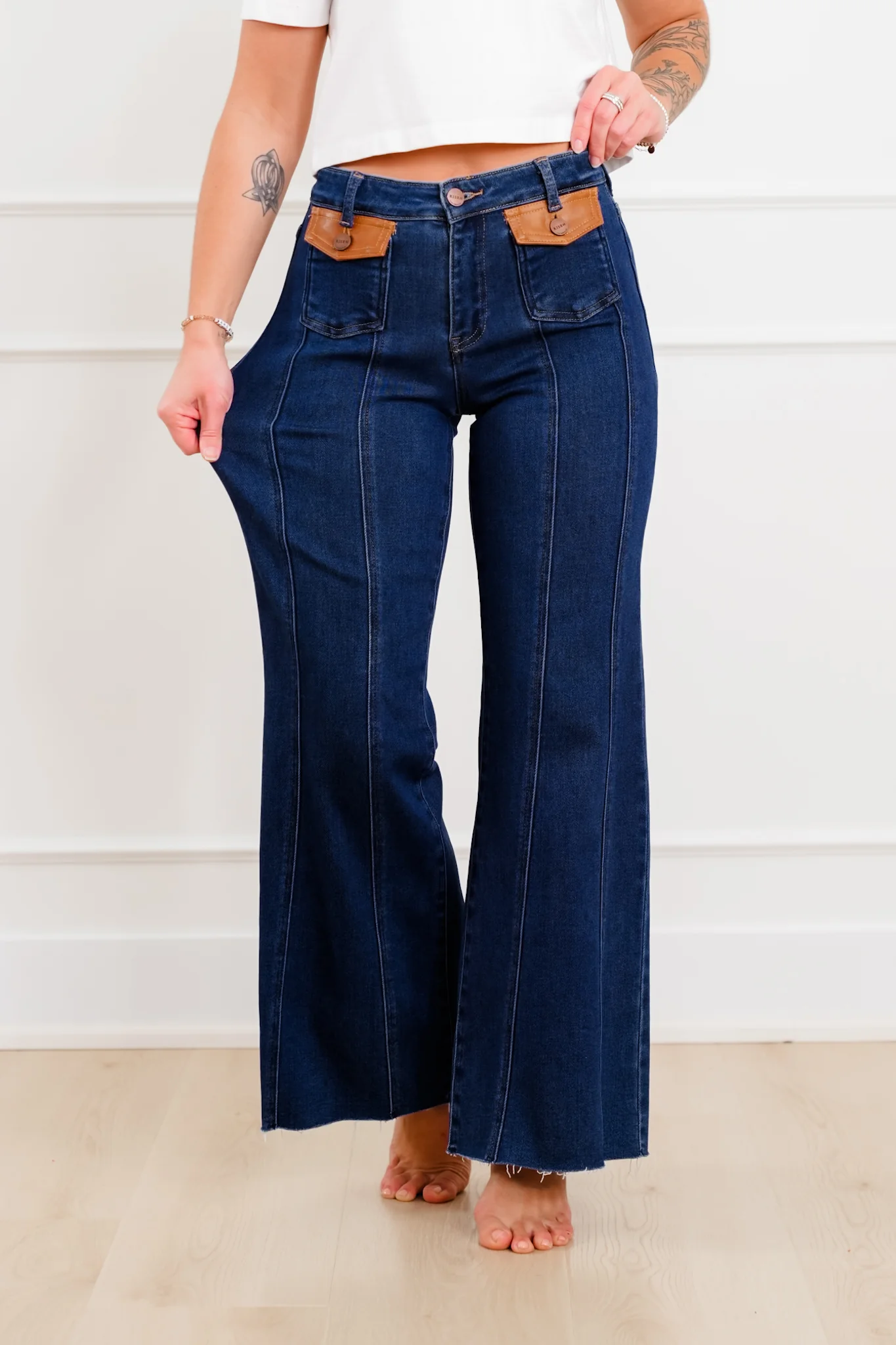Risen High Rise Dark Wash Wide Flare Jeans with Leather Pocket Flap - Image 3