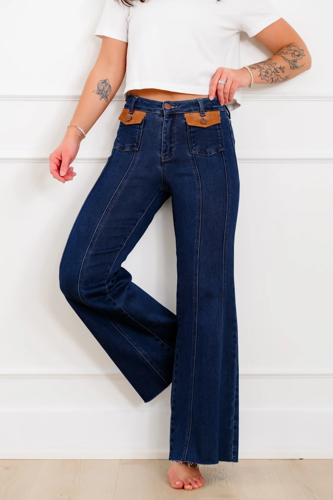 Risen High Rise Dark Wash Wide Flare Jeans with Leather Pocket Flap - Image 9