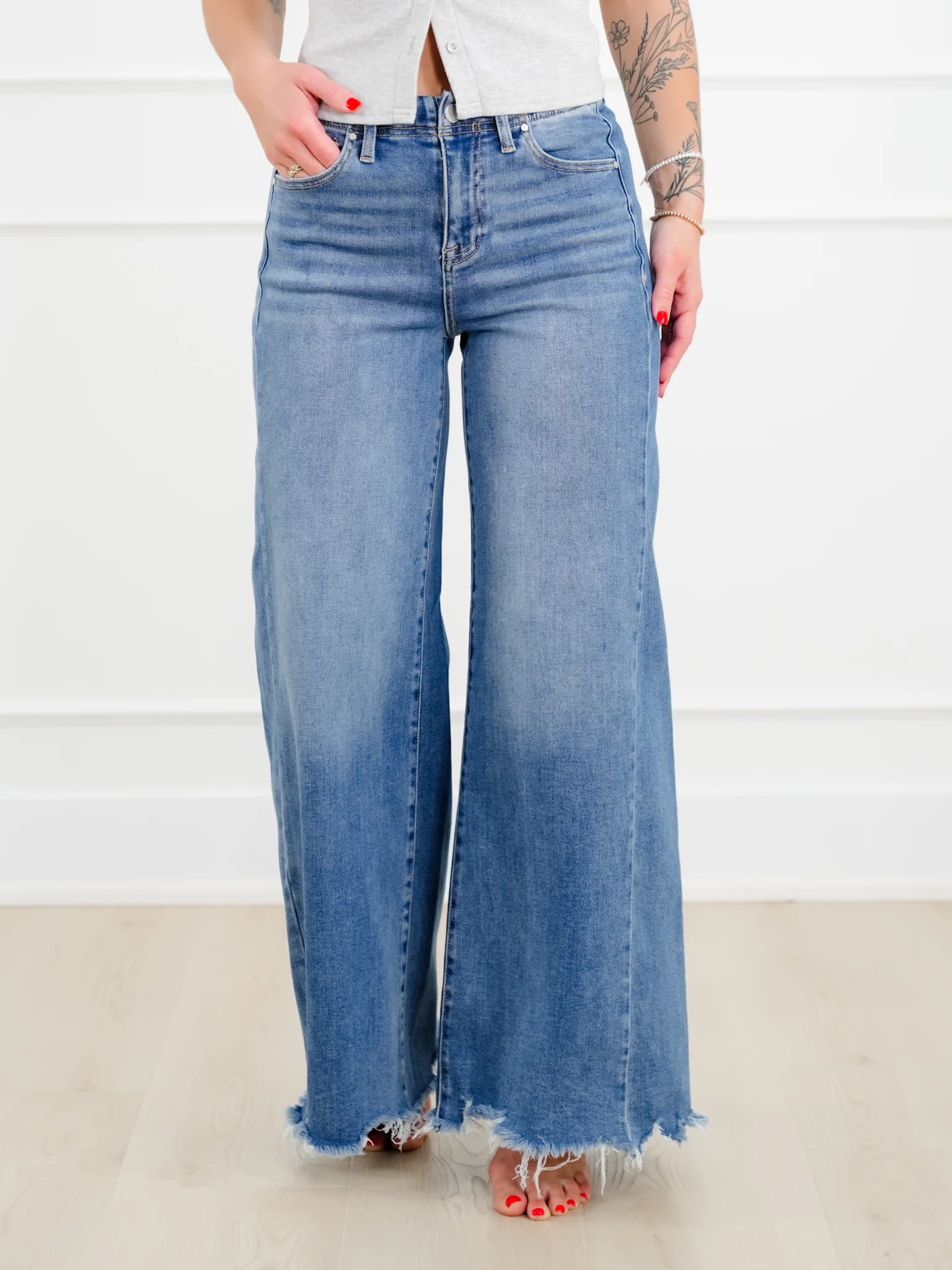 Risen High Rise Medium Wash Wide Leg Jeans - Image 11