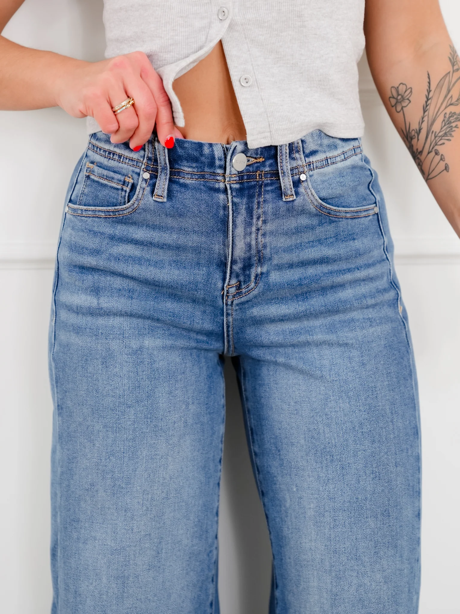Risen High Rise Medium Wash Wide Leg Jeans - Image 6