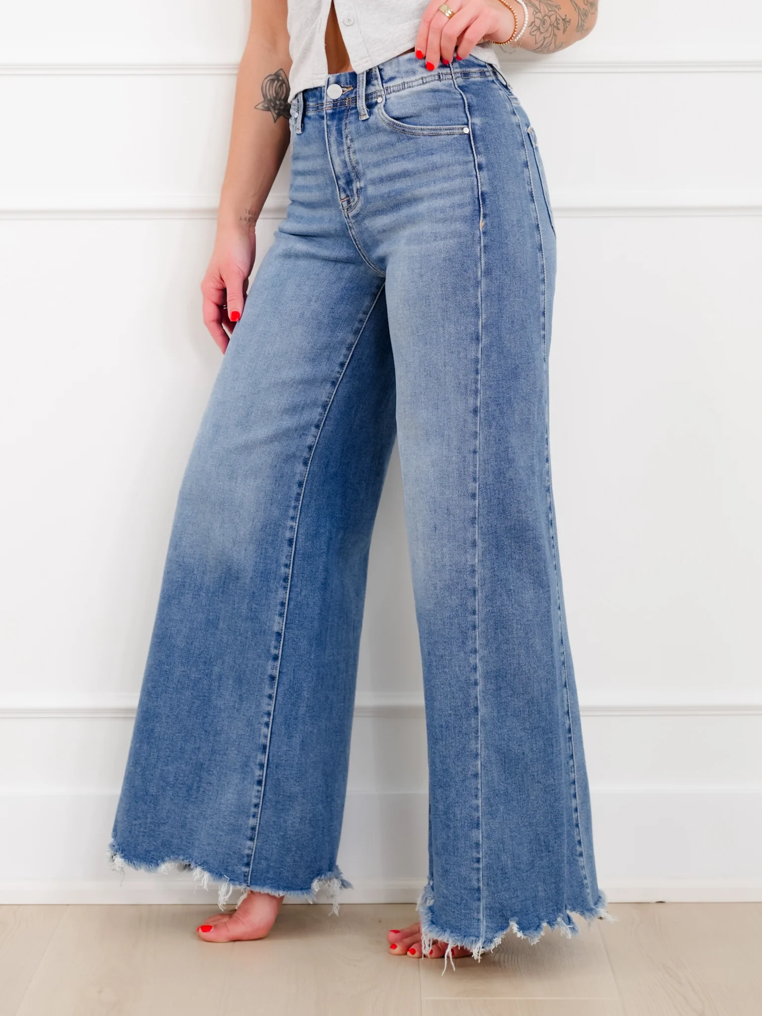 Risen High Rise Medium Wash Wide Leg Jeans - Image 7