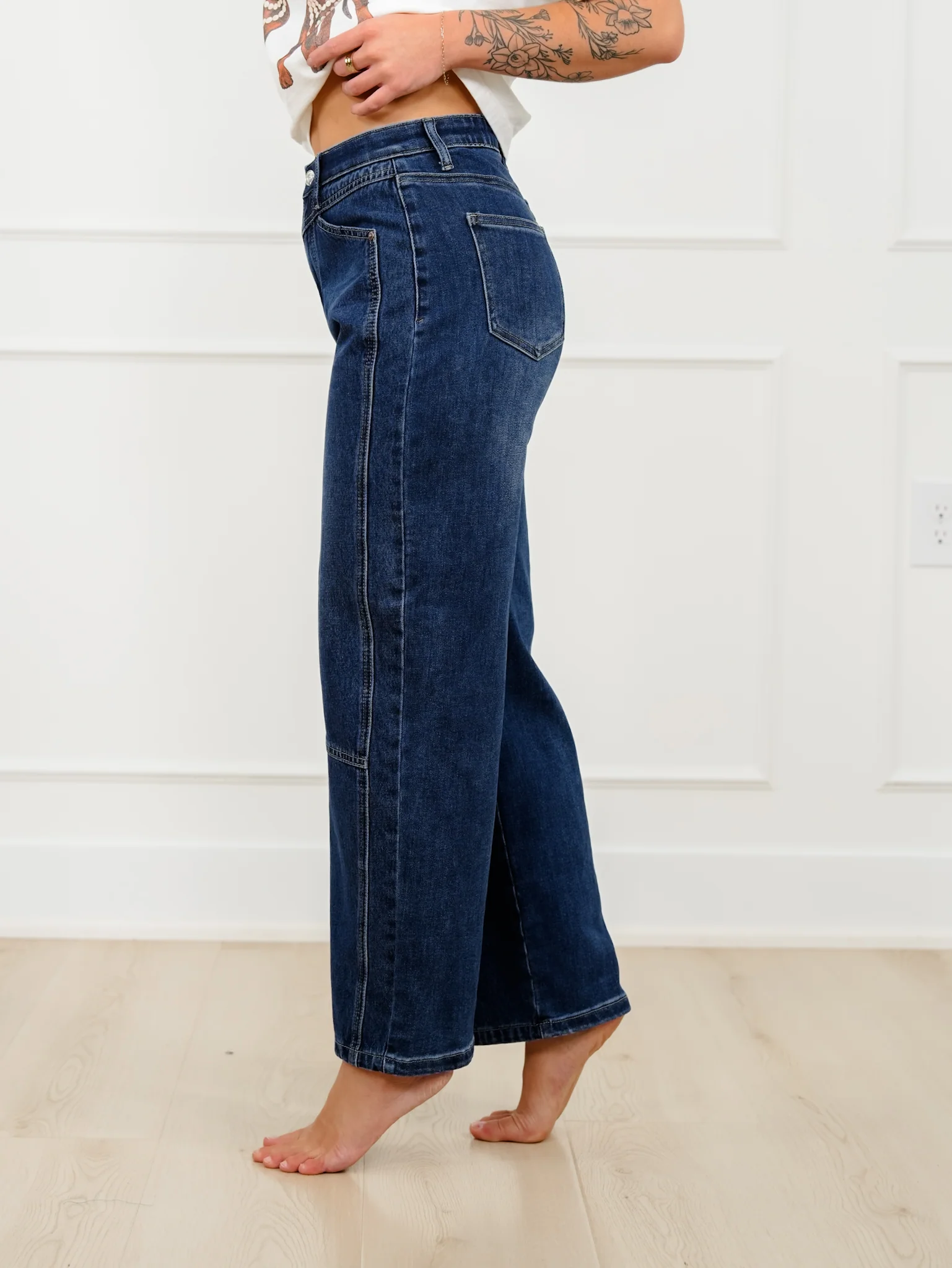Saige High Rise Dark Wash Tummy Control Low Curve Barrel Jeans - Image 9