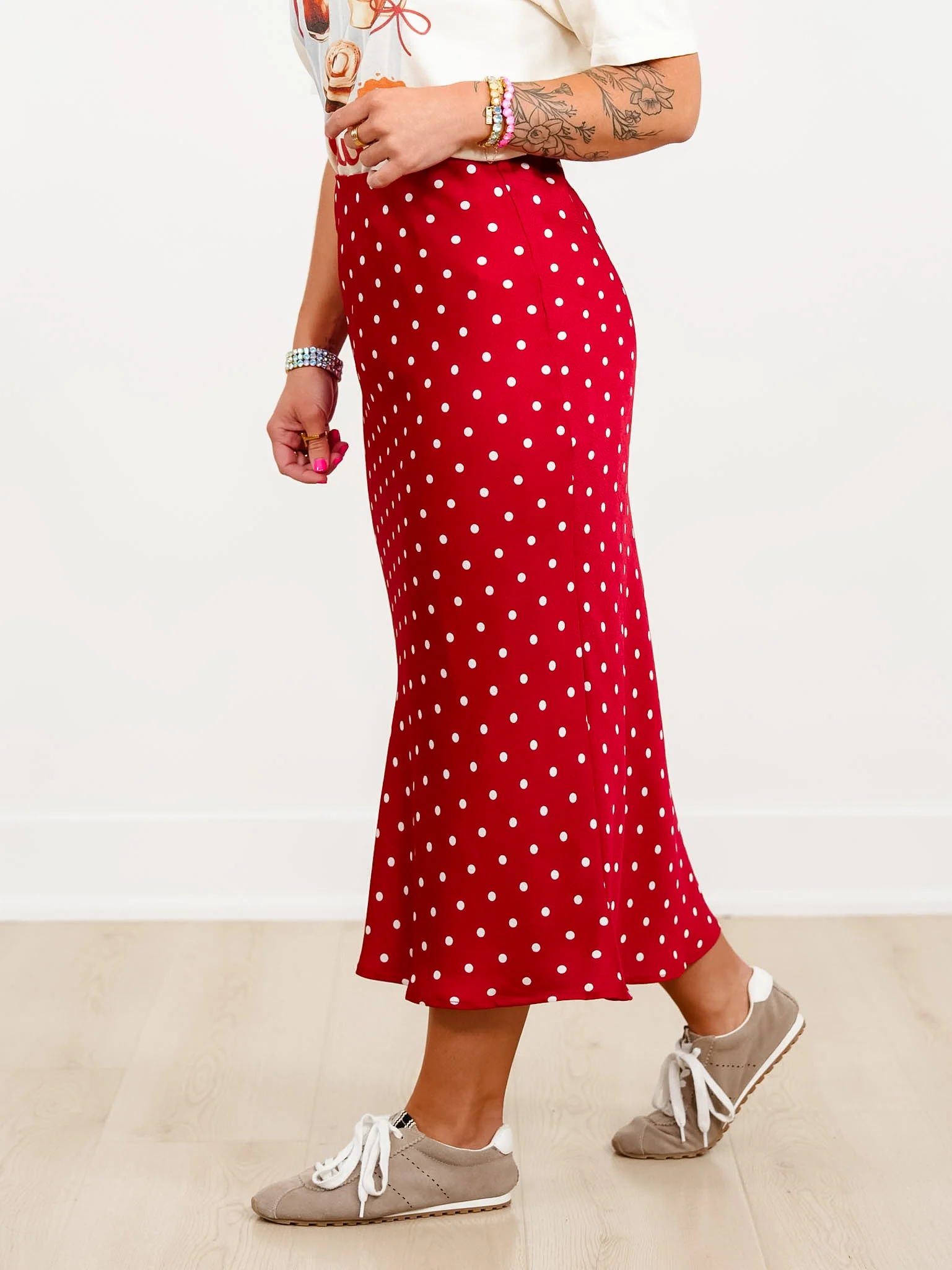 Satin Elastic Waist Polka Dot Midi Skirt - Image 3
