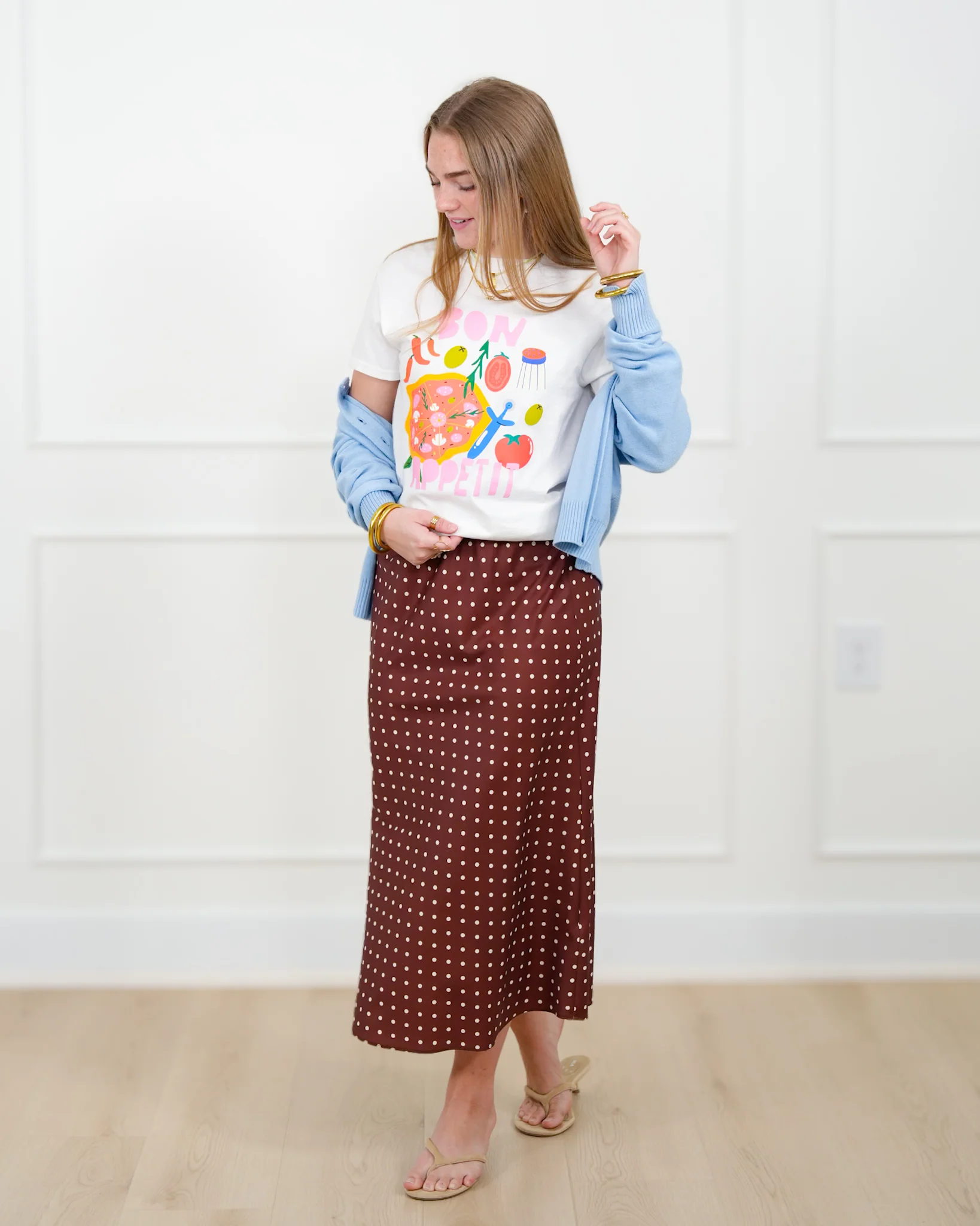 Satin Polka Dot Elastic Waist Midi Skirt - Image 5