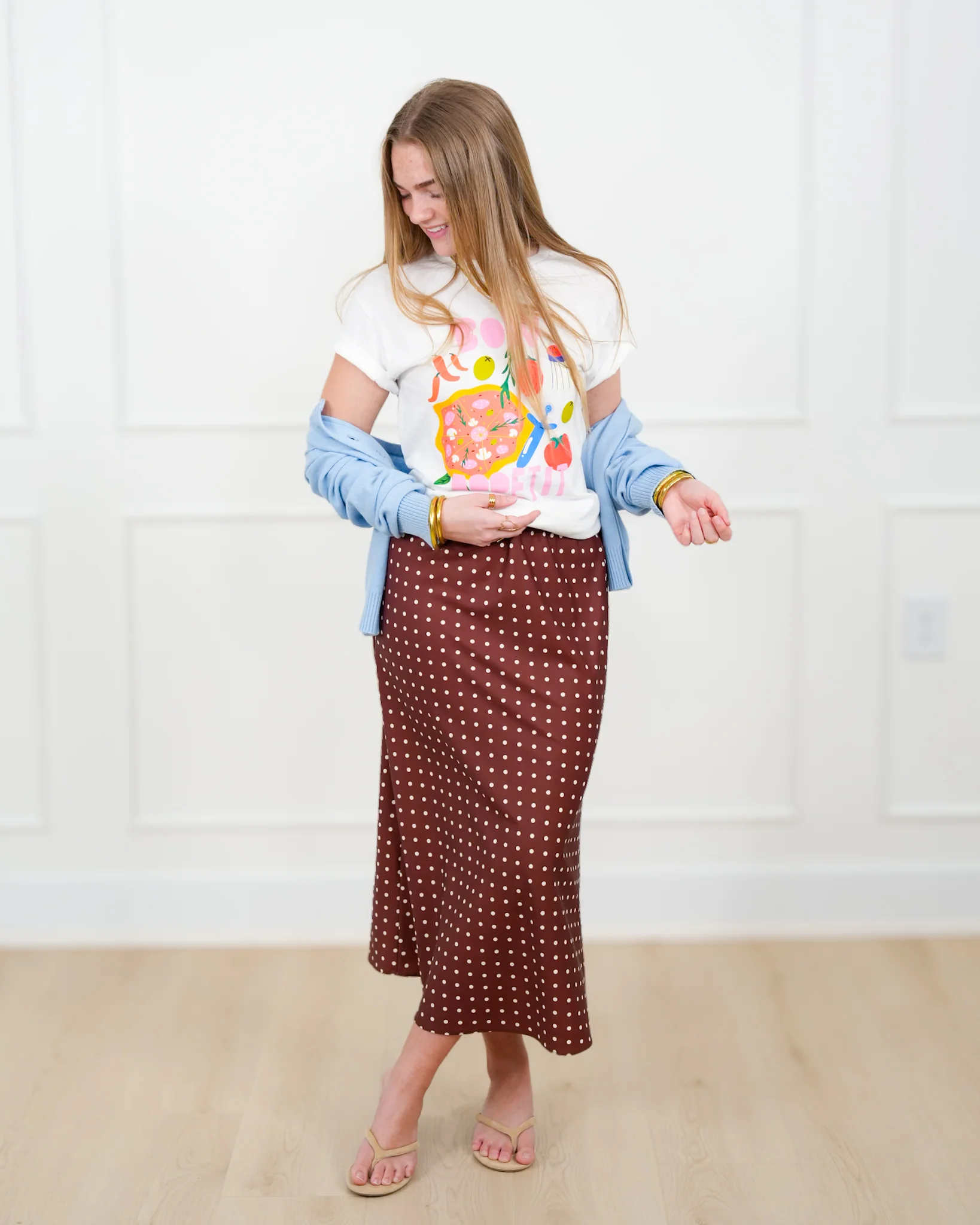 Satin Polka Dot Elastic Waist Midi Skirt - Image 6