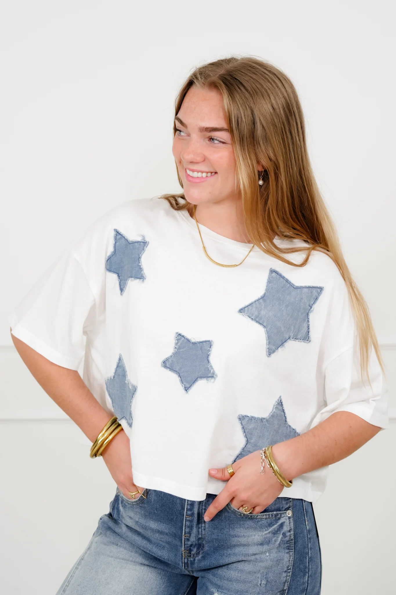 Short Sleeve Star Patch Crew Neck Top - Image 2