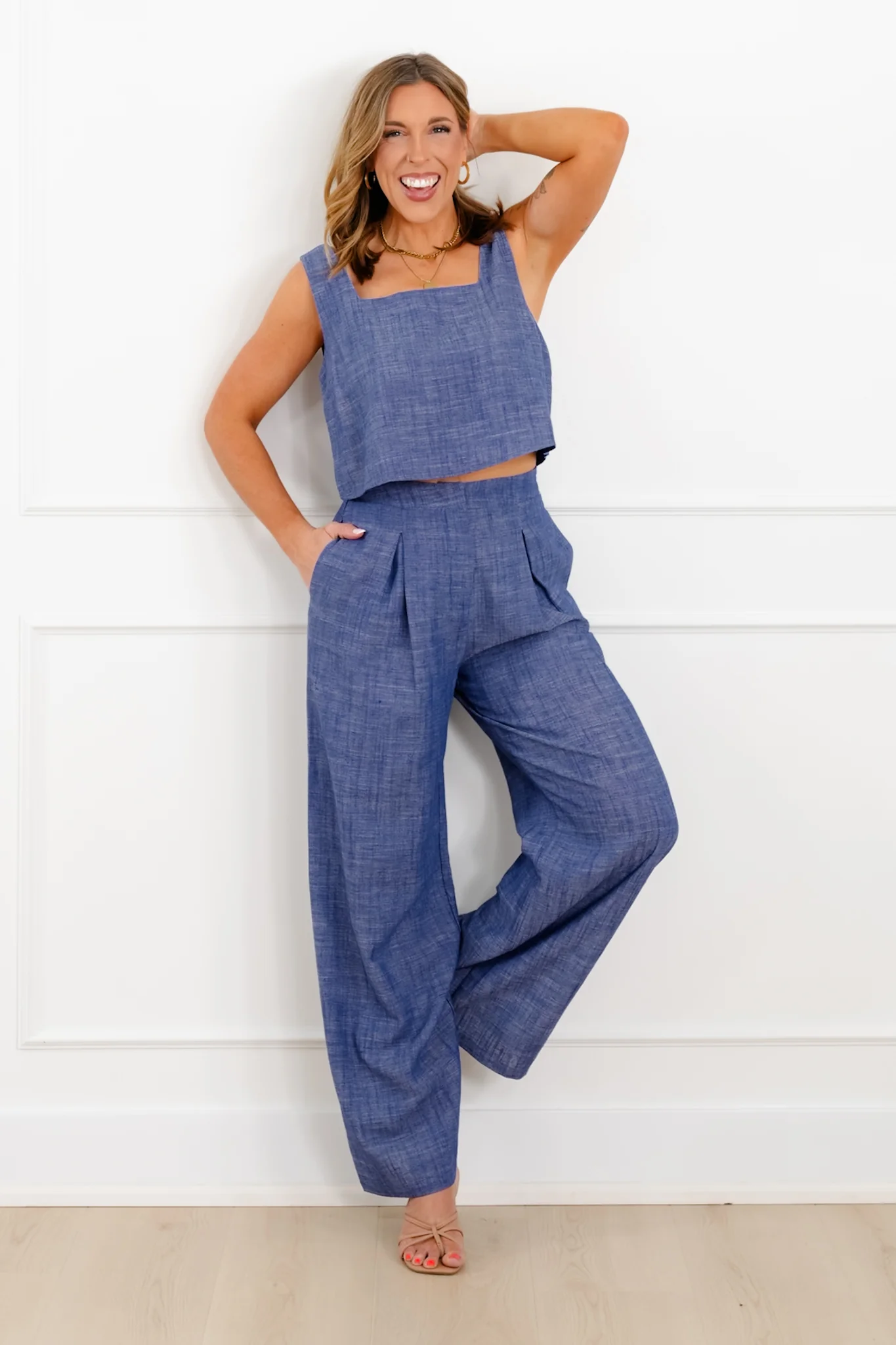 Sleeveless Square Neck Top and Pleated Pants Set