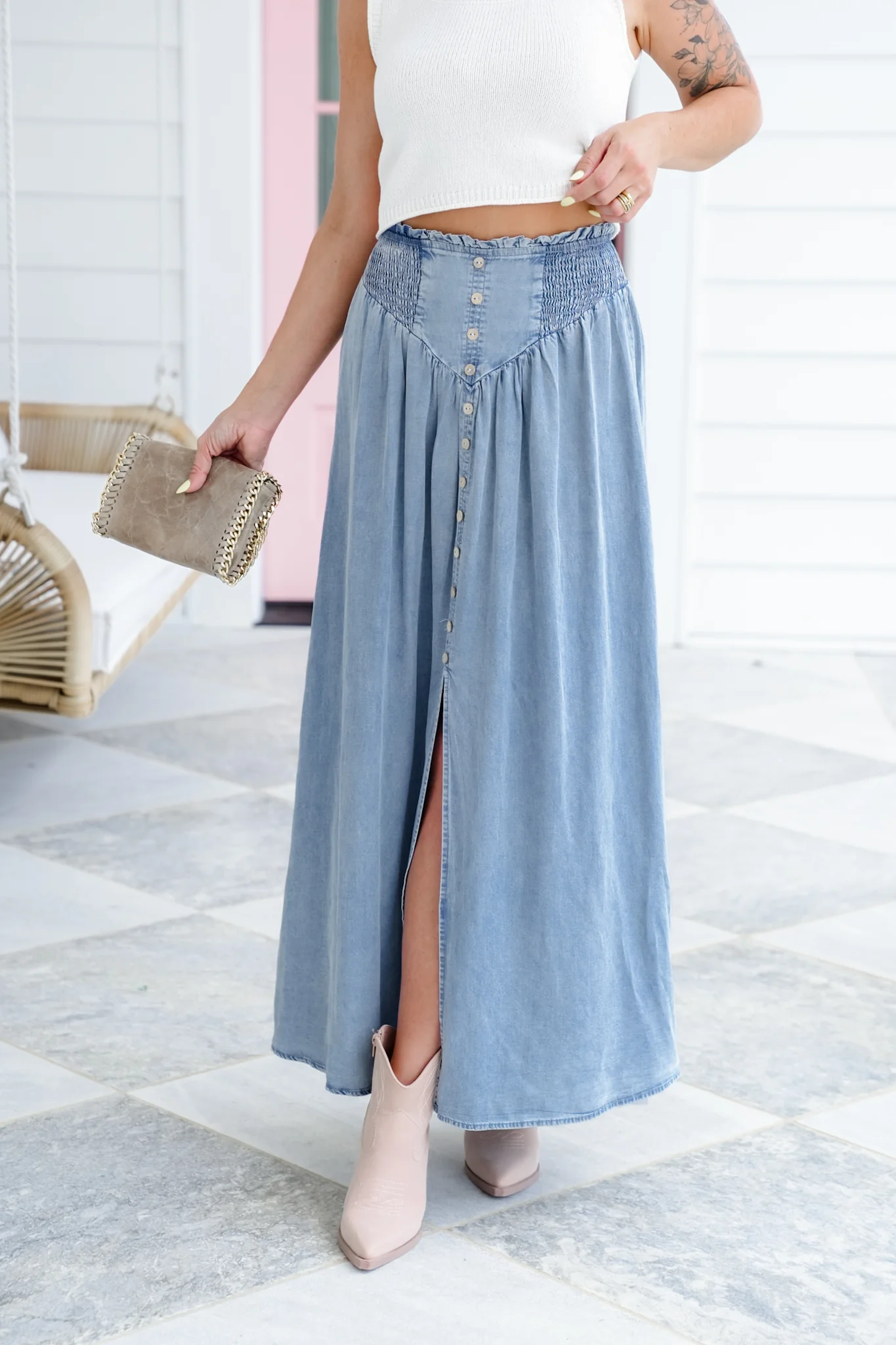 Smocked Waist Maxi Skirt with Front Slit Detail - Image 3