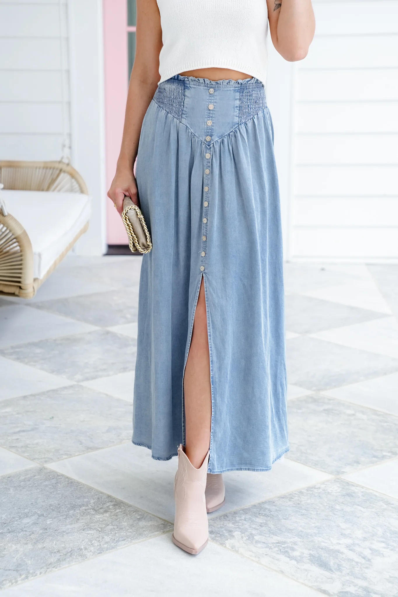 Smocked Waist Maxi Skirt with Front Slit Detail - Image 7