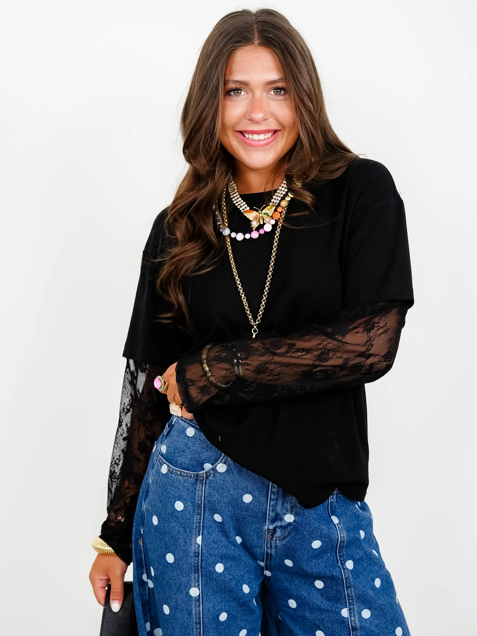 Lace Sleeve Round Neck Twofer Top - Image 2