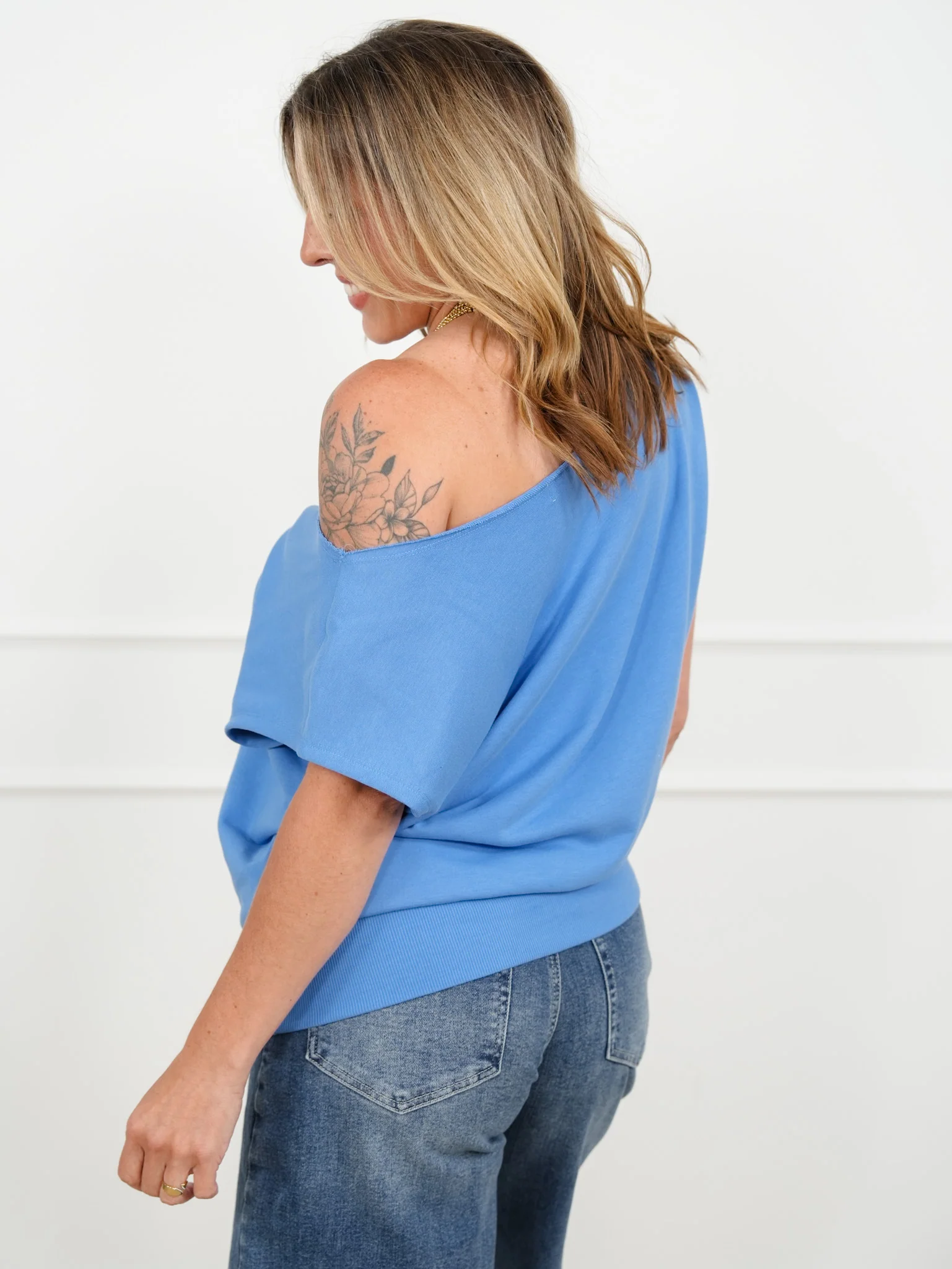 Solid Color Short Sleeve Off Shoulder Terry Top - Image 5