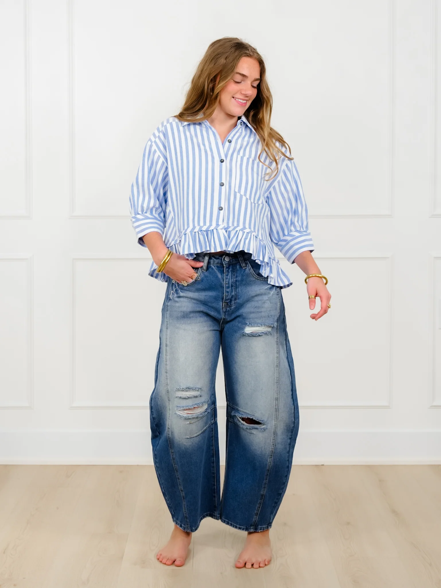 Striped 3/4 Sleeve Button Down Top with Ruffle Hem - Image 3