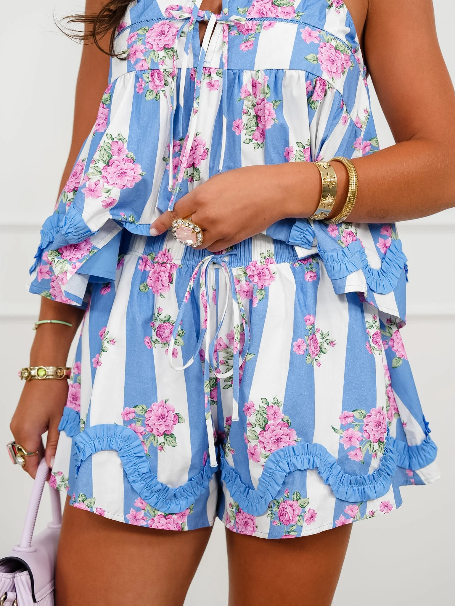 Stripe Floral Sleeveless Baby Doll Top and Shorts Set - Image 4