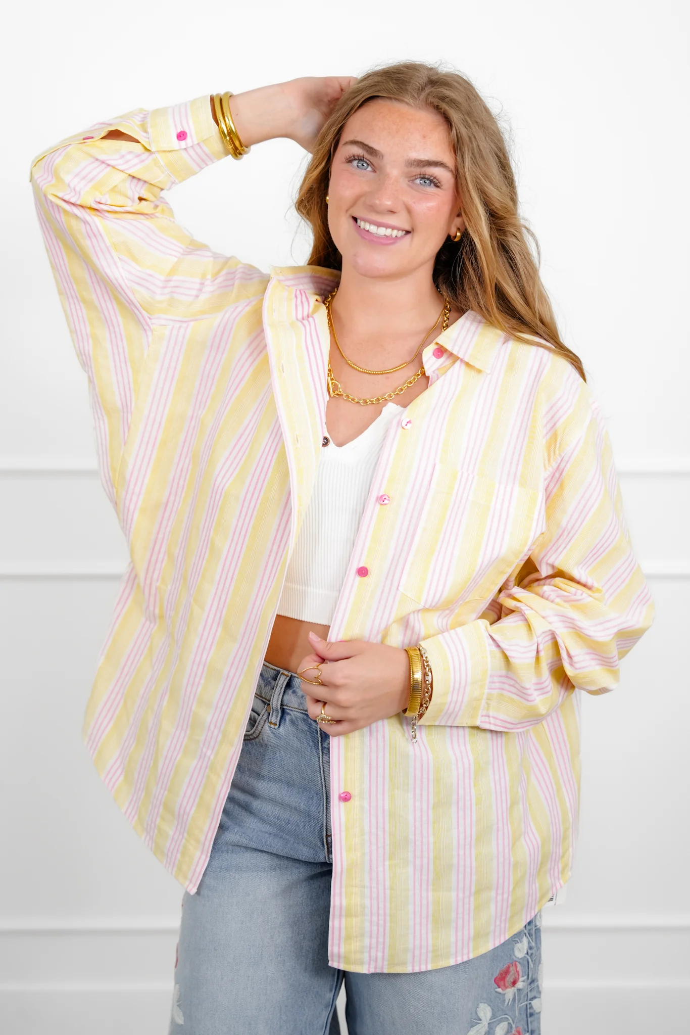 Stripe Long Sleeve Button Down Collared Top