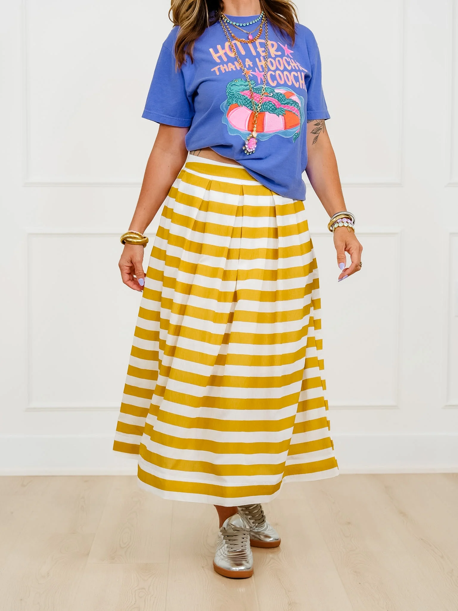 Stripe Pleated Midi Skirt with Side Zipper - Image 2