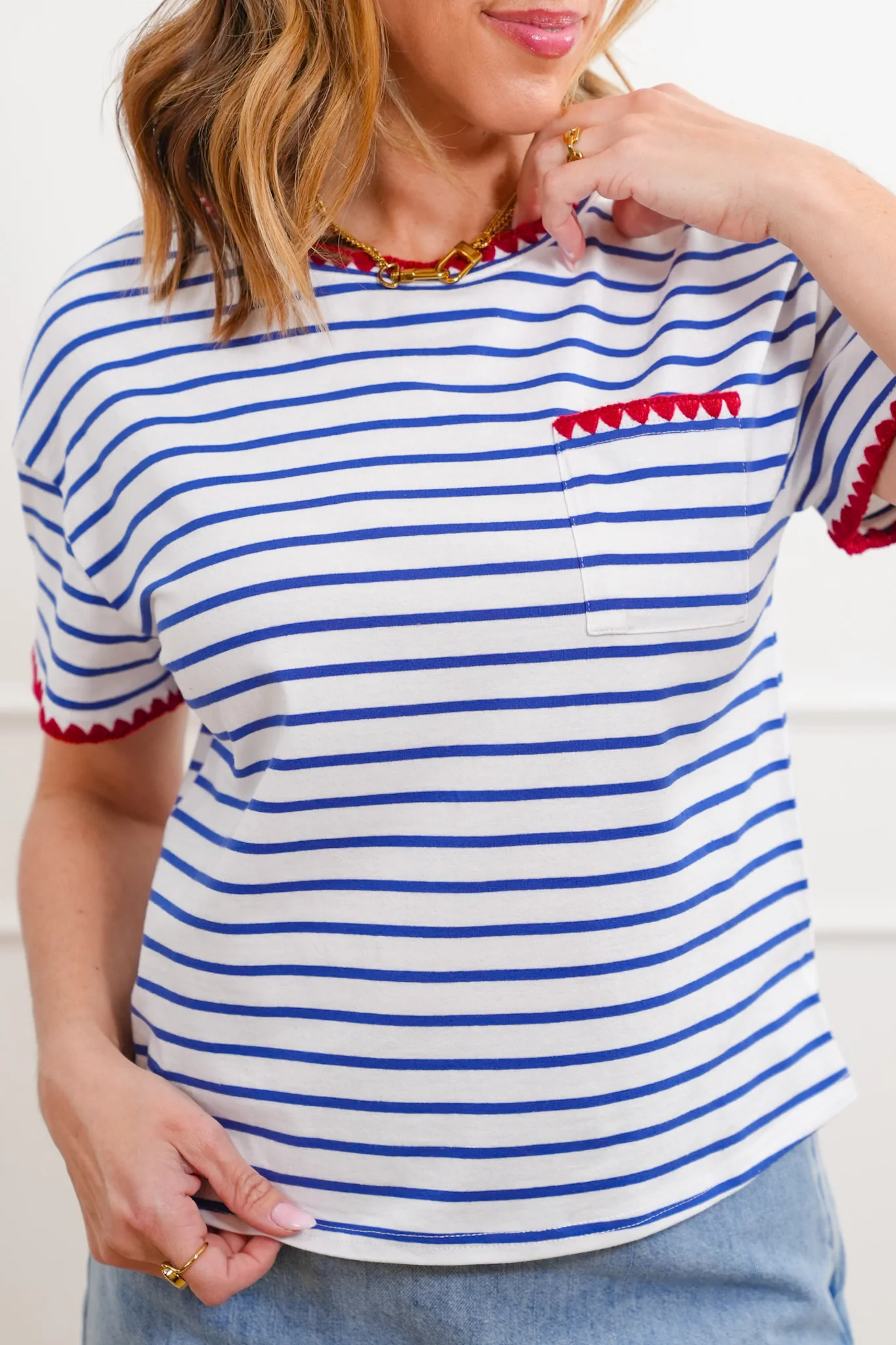 Stripe Short Sleeve Top with Crochet Trim Detail - Image 2