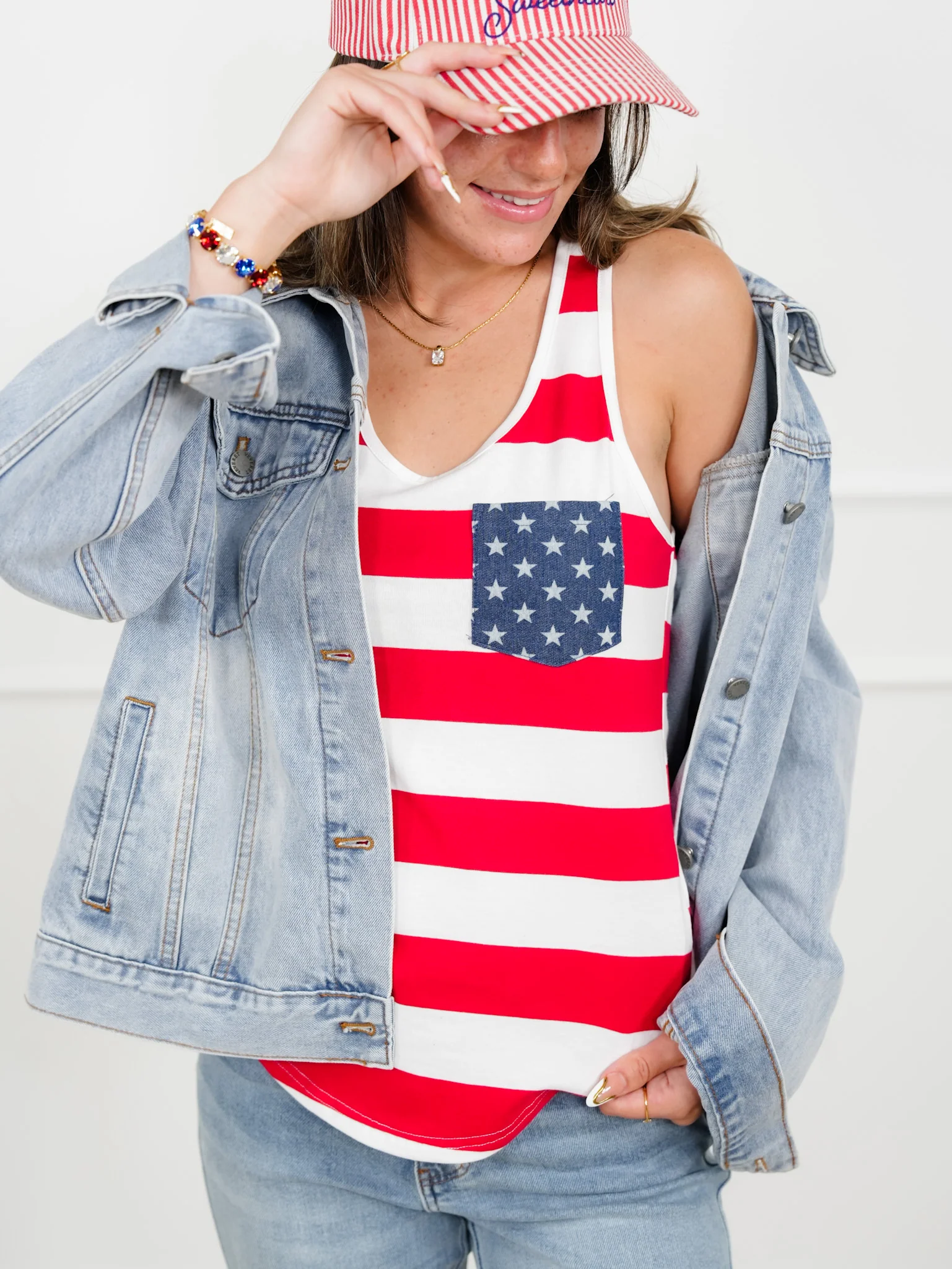 Stripe Tank Top With Stars Patch Pocket