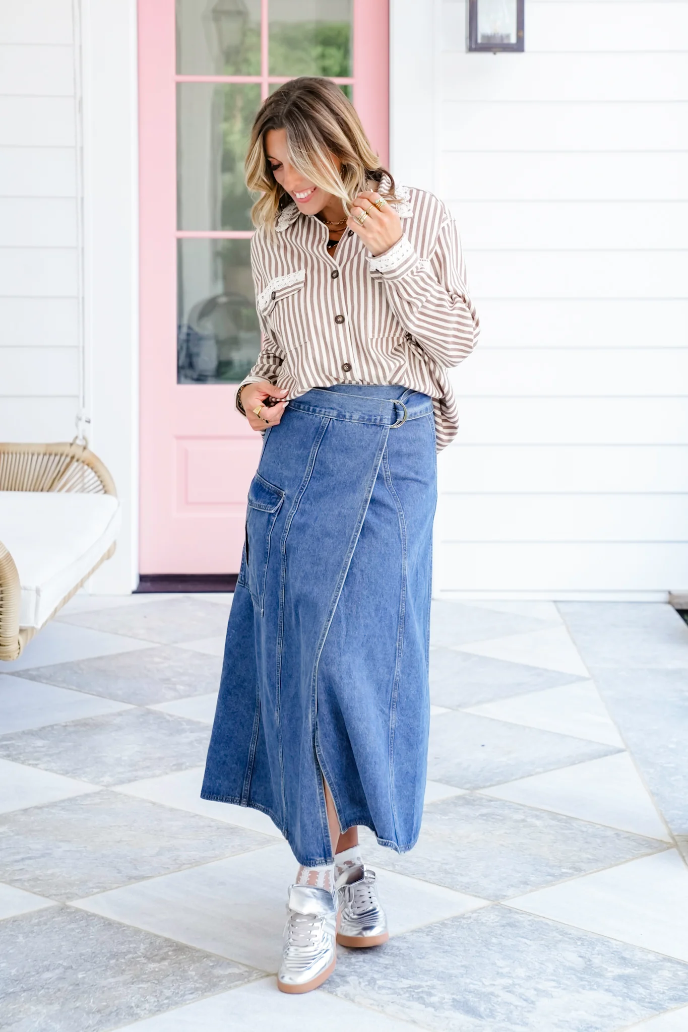 Striped Long Sleeve Button Down Shacket With Lace Detail - Image 4
