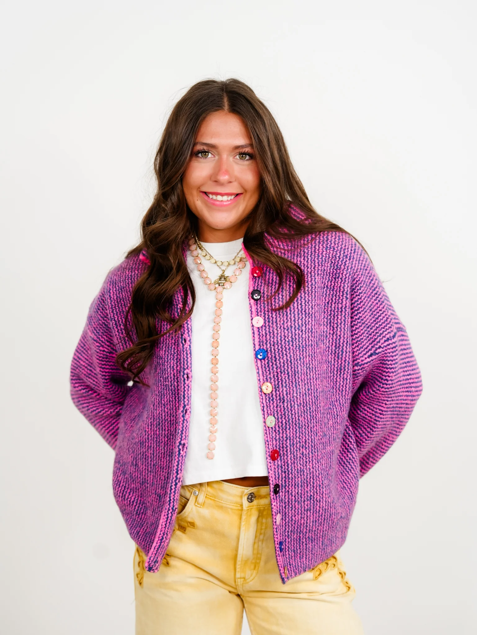 Striped Long Sleeve Mock Neck Sweater Cardigan With Colorful Buttons - Image 2