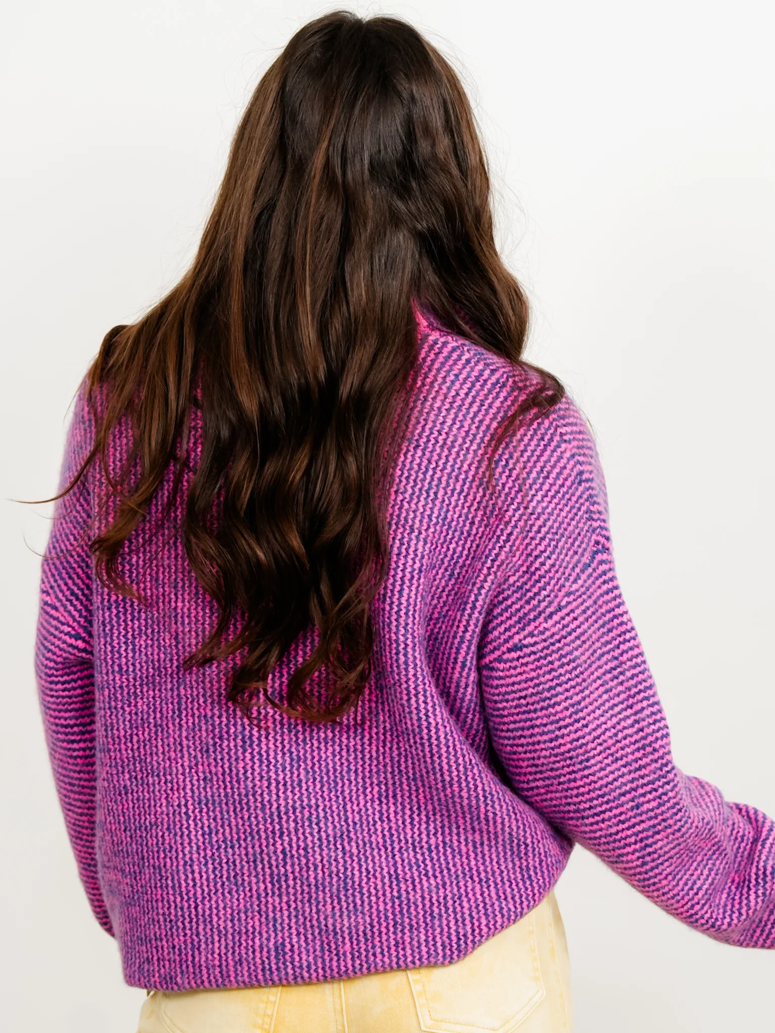 Striped Long Sleeve Mock Neck Sweater Cardigan With Colorful Buttons - Image 5