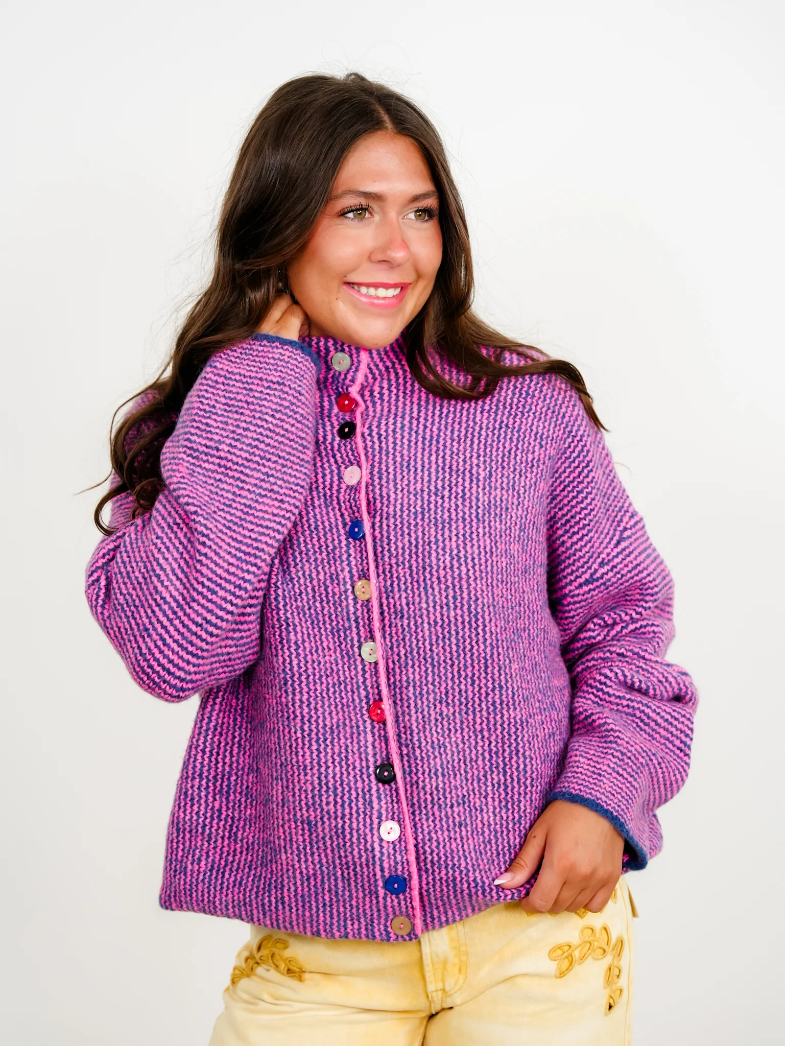 Striped Long Sleeve Mock Neck Sweater Cardigan With Colorful Buttons - Image 6
