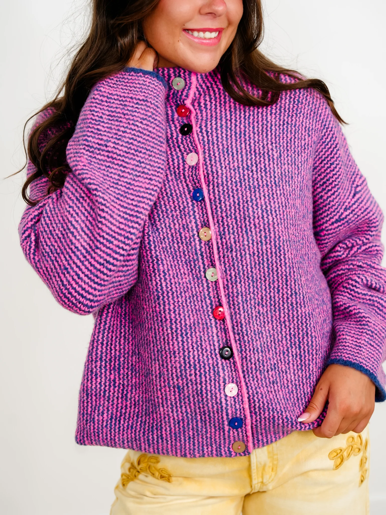 Striped Long Sleeve Mock Neck Sweater Cardigan With Colorful Buttons - Image 7