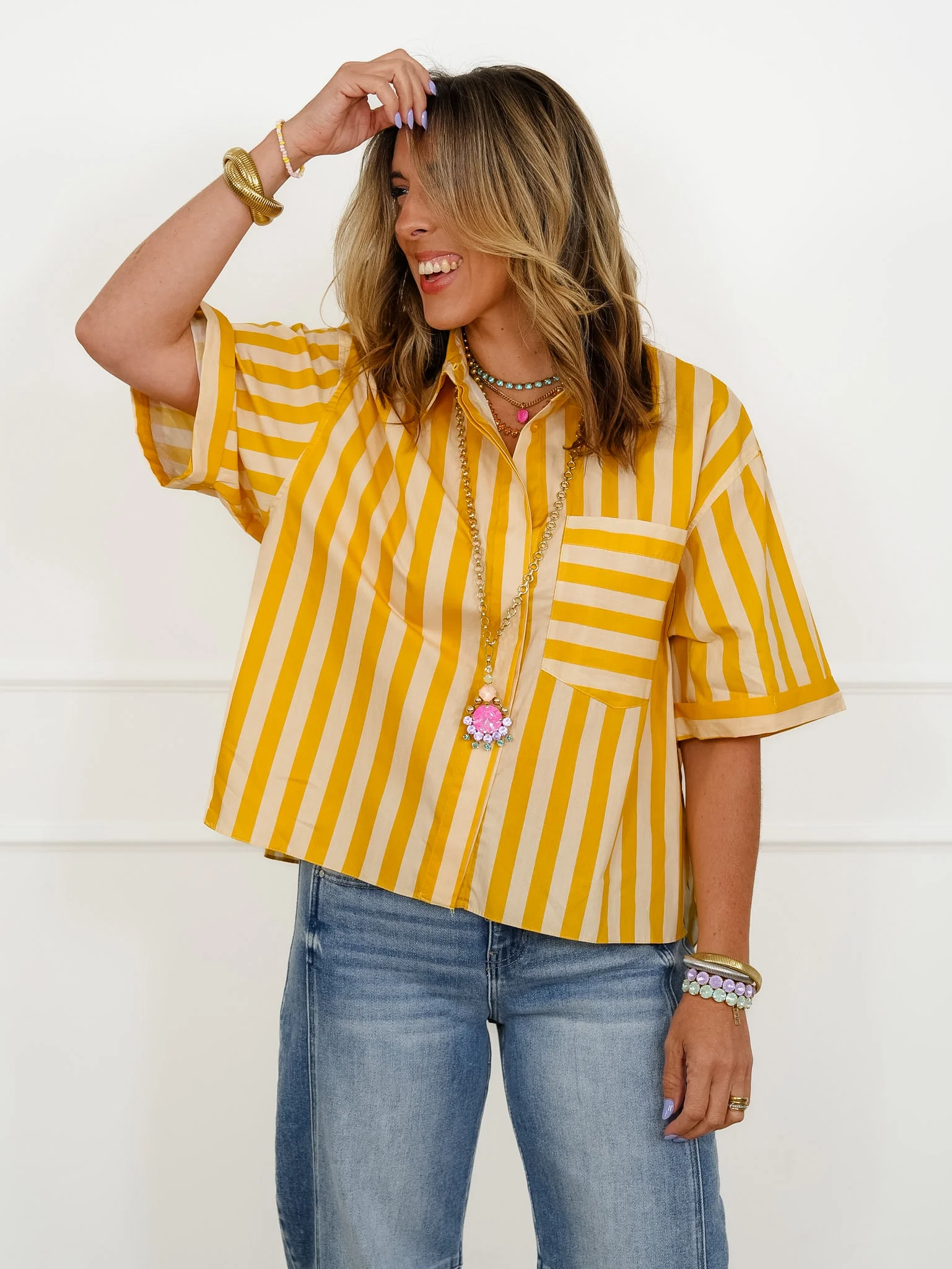 Restock! Striped Short Sleeve Button Down Top - Image 4