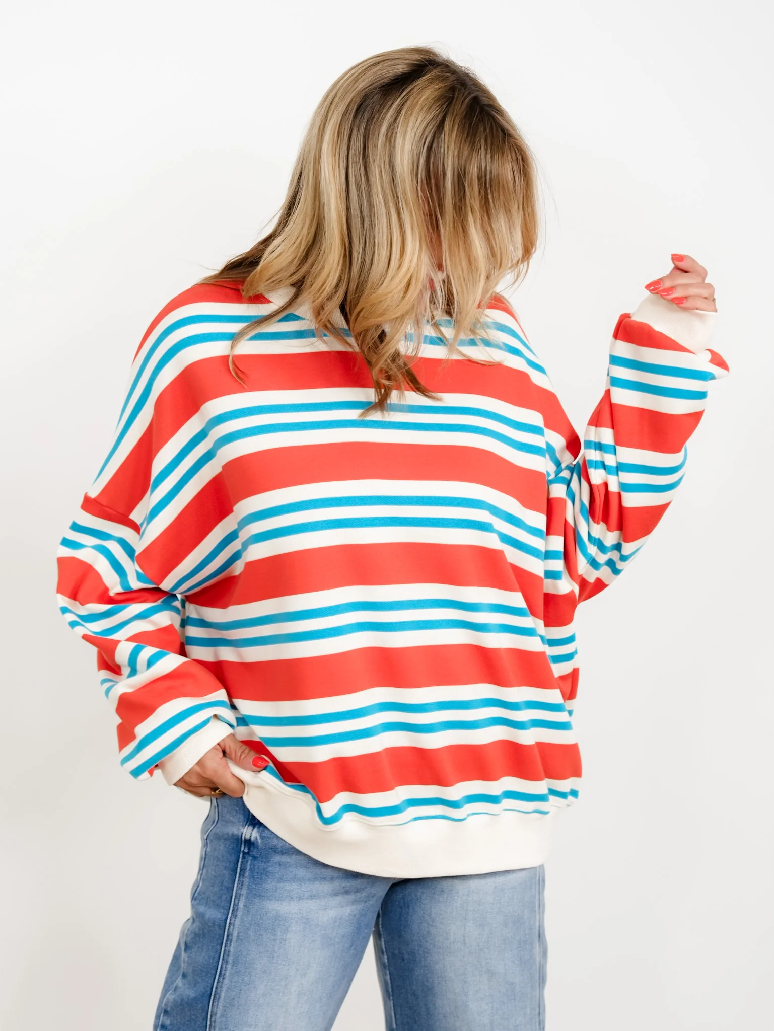 Striped Terry Knit Long Sleeve Boxy Sweatshirt