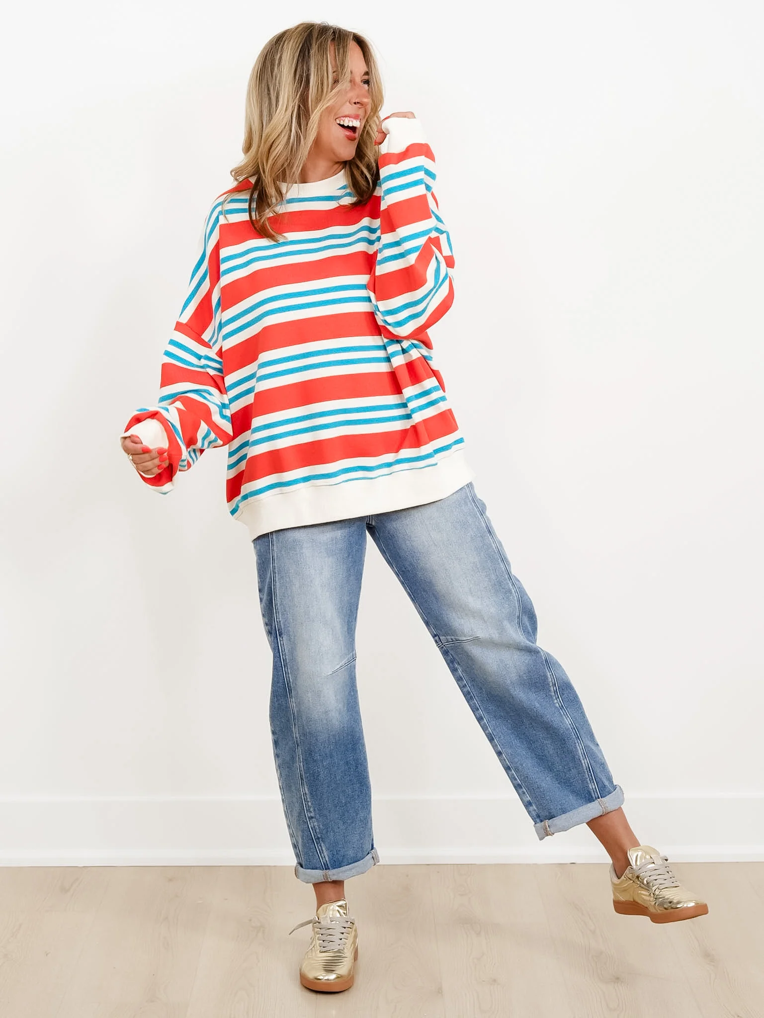 Striped Terry Knit Long Sleeve Boxy Sweatshirt - Image 5