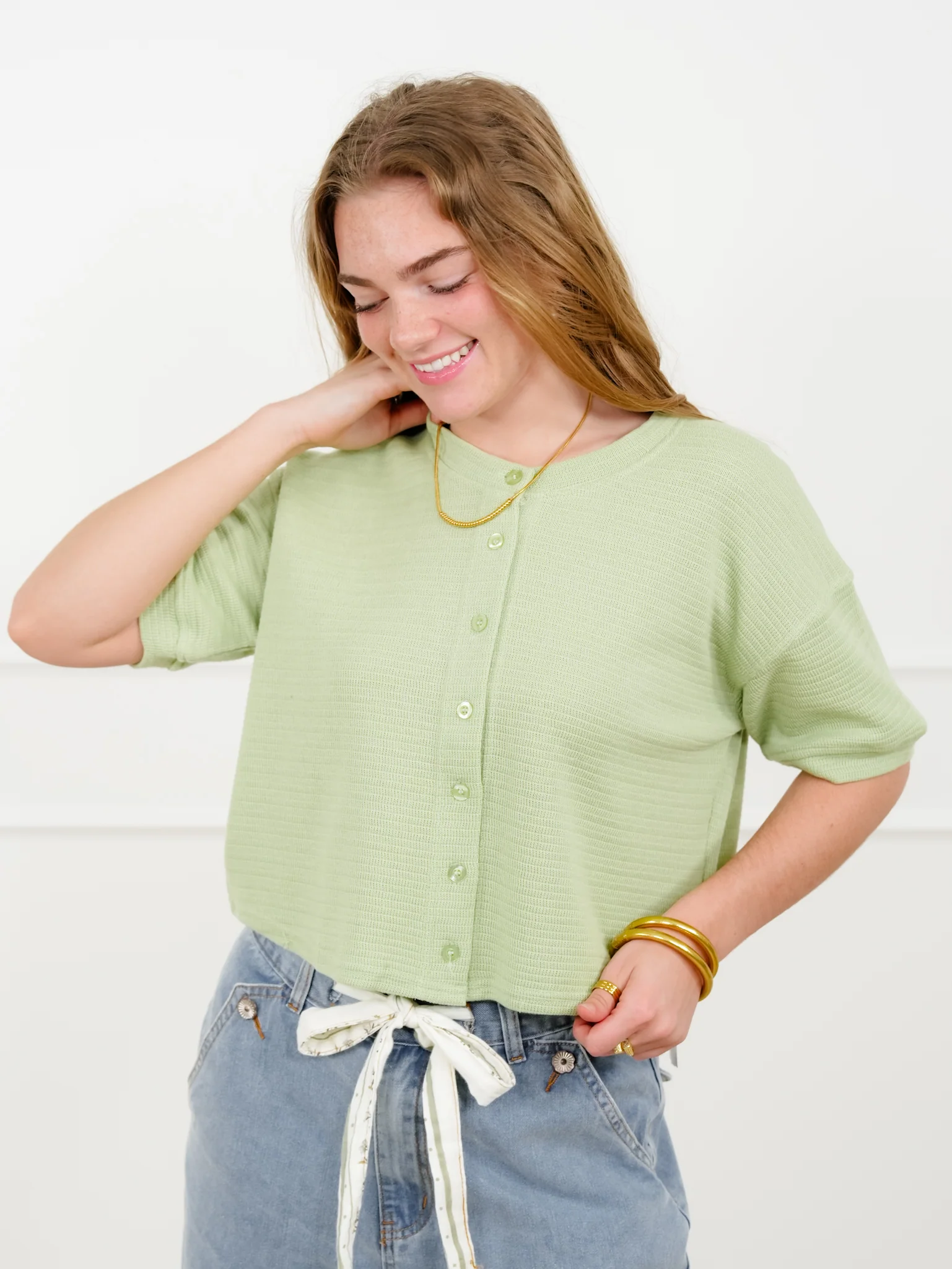 Textured Knit Short Sleeve Button Down Cardigan - Image 6