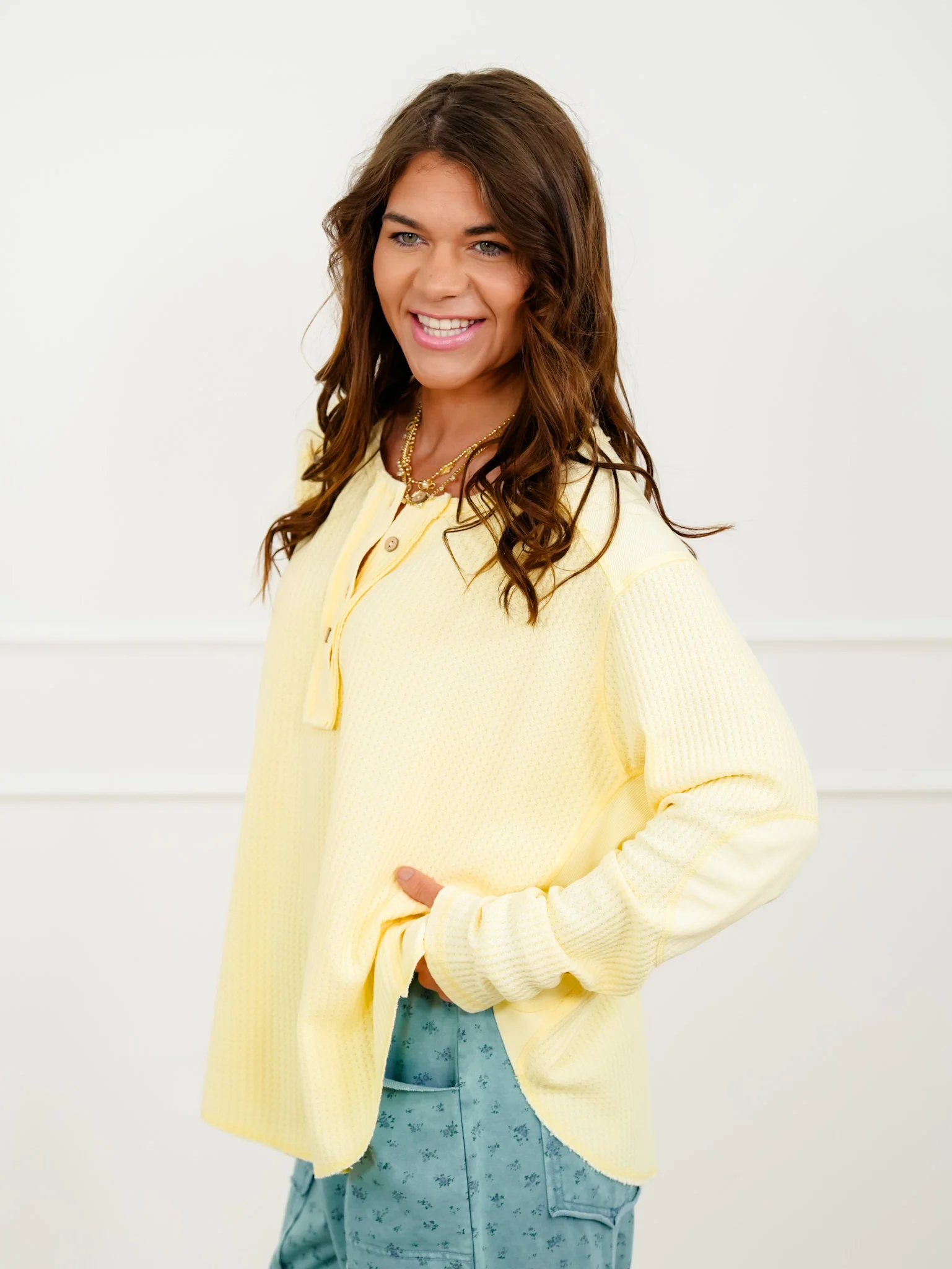 Thermal Knit Long Sleeve Button Up Top - Image 3