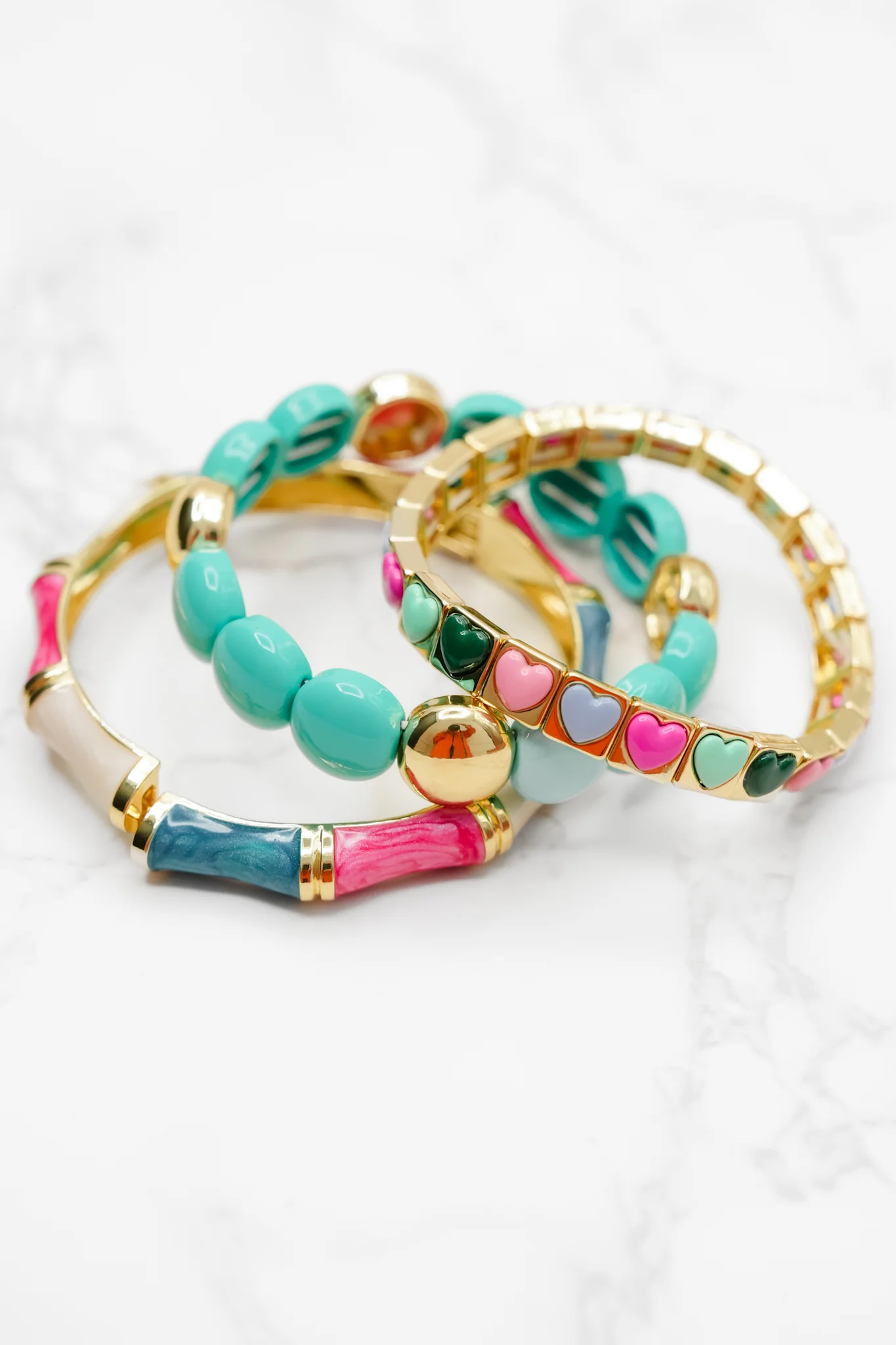 Treasure Jewels Mint Beaded Heart Stack Bracelet Set