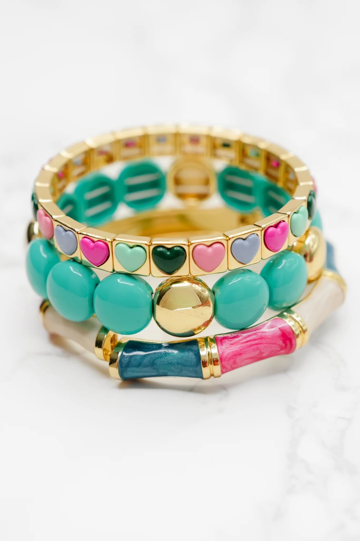 Treasure Jewels Mint Beaded Heart Stack Bracelet Set - Image 2