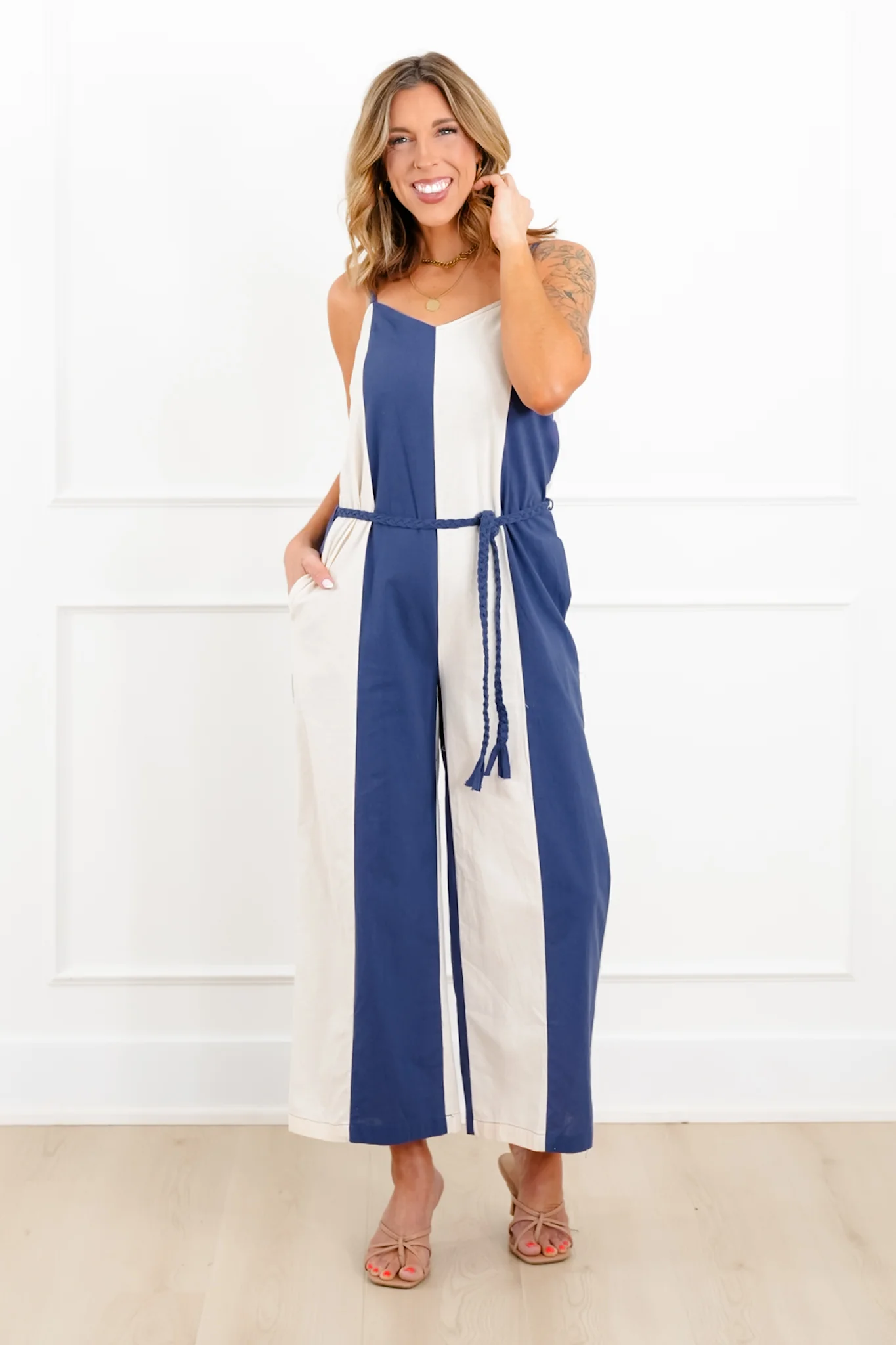 Vertical Stripe Sleeveless Jumpsuit with Side Pockets - Image 8